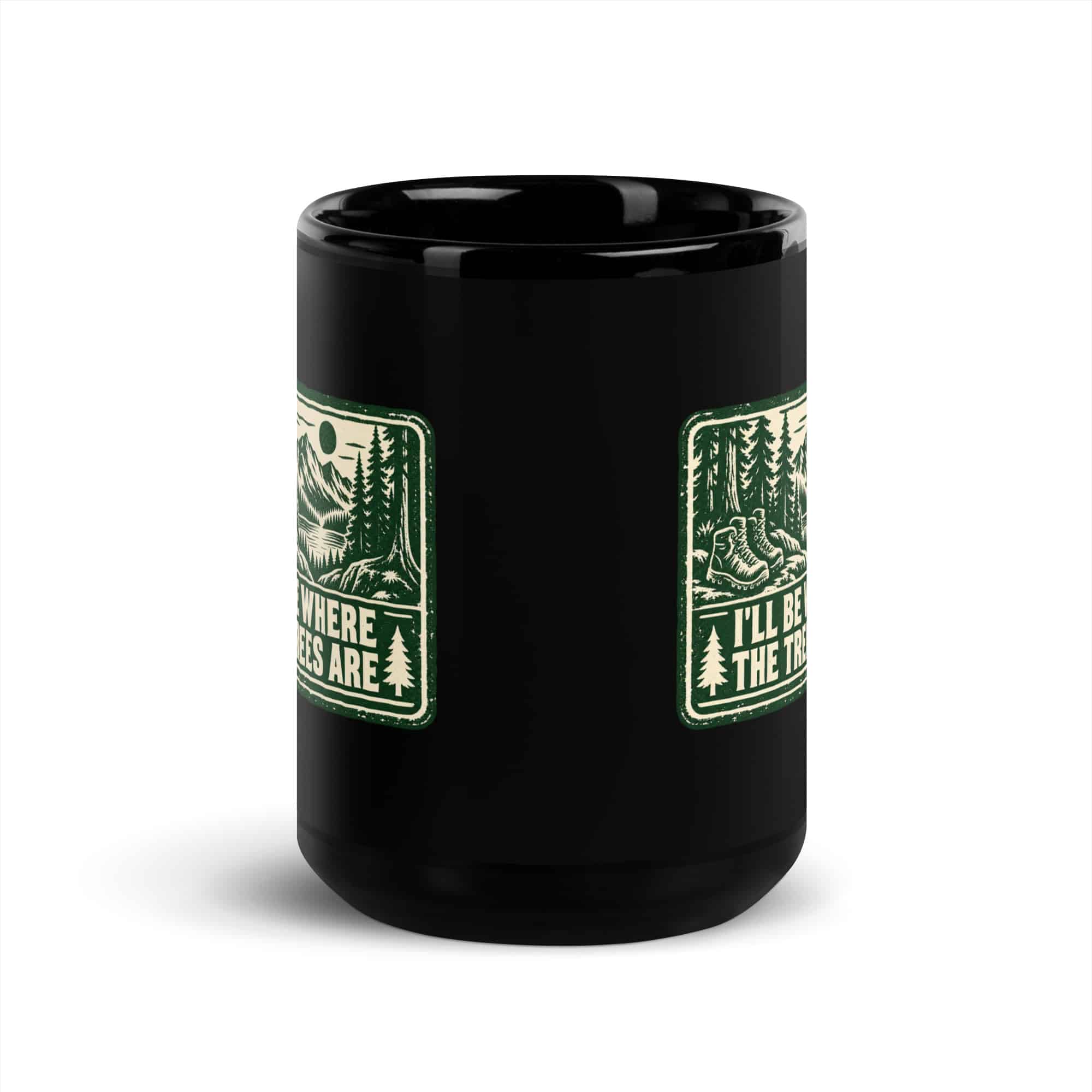 Nature and Adventure Black Coffee Mug: I'll Be Where the Trees Are, Forest Ink Stamp