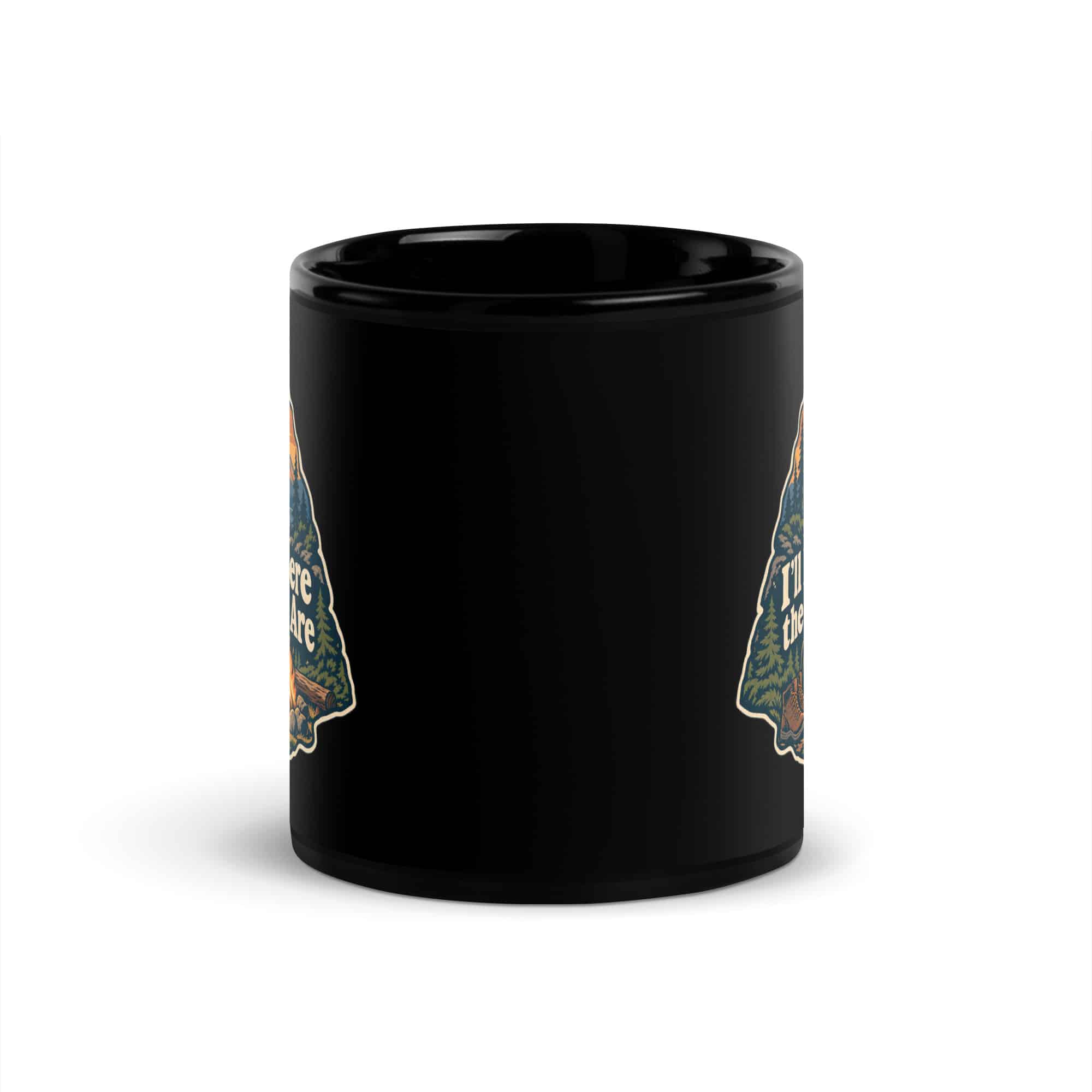 Nature and Adventure Black Coffee Mug: I'll Be Where the Trees Are, Scenic Shield Badge