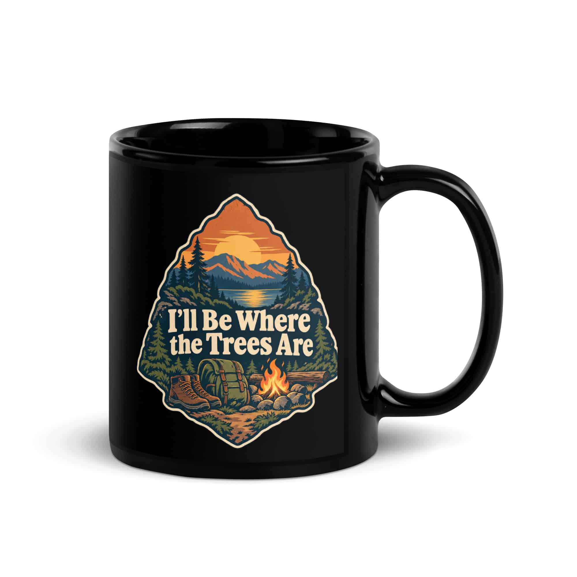 Nature and Adventure Black Coffee Mug: I'll Be Where the Trees Are, Scenic Shield Badge