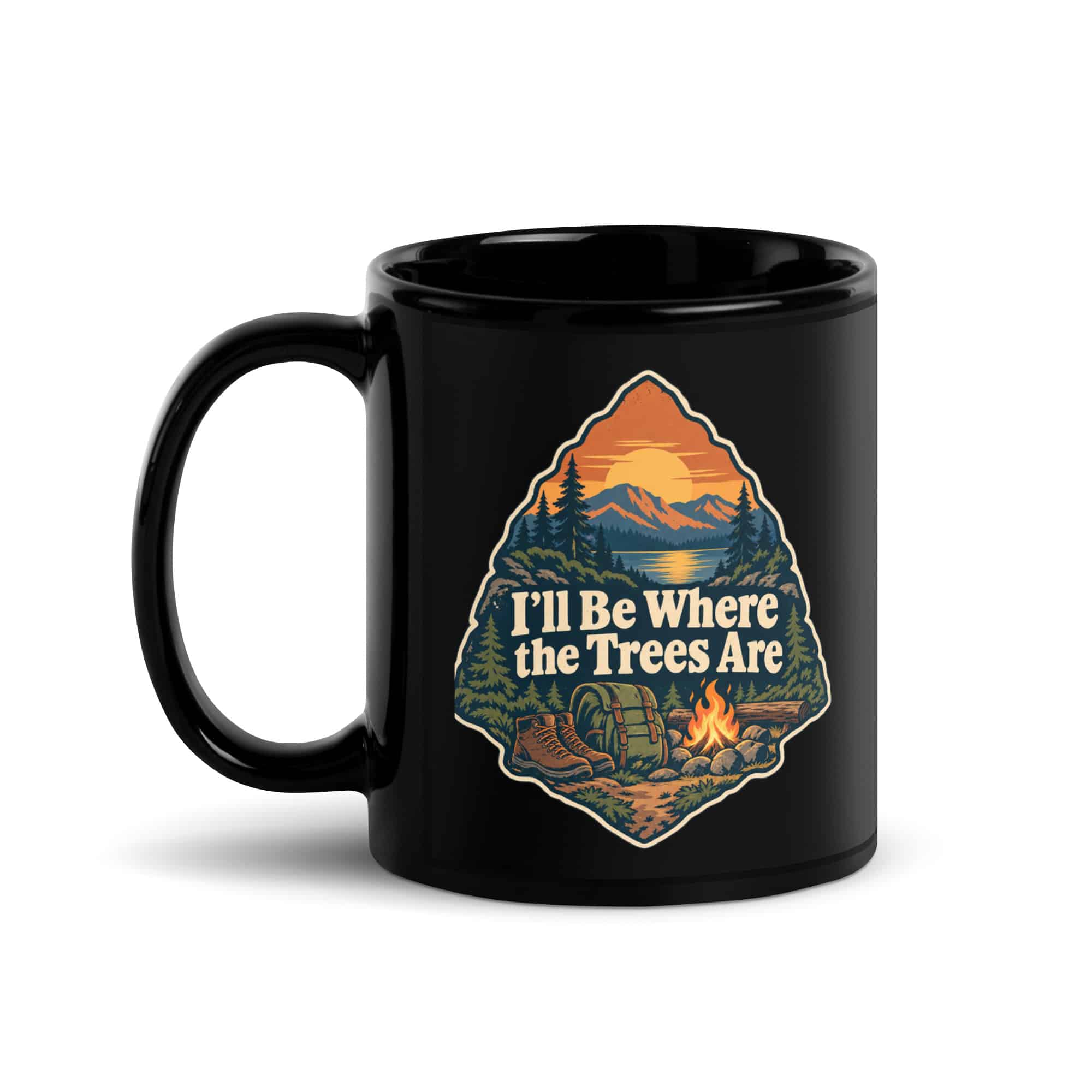 Nature and Adventure Black Coffee Mug: I'll Be Where the Trees Are, Scenic Shield Badge