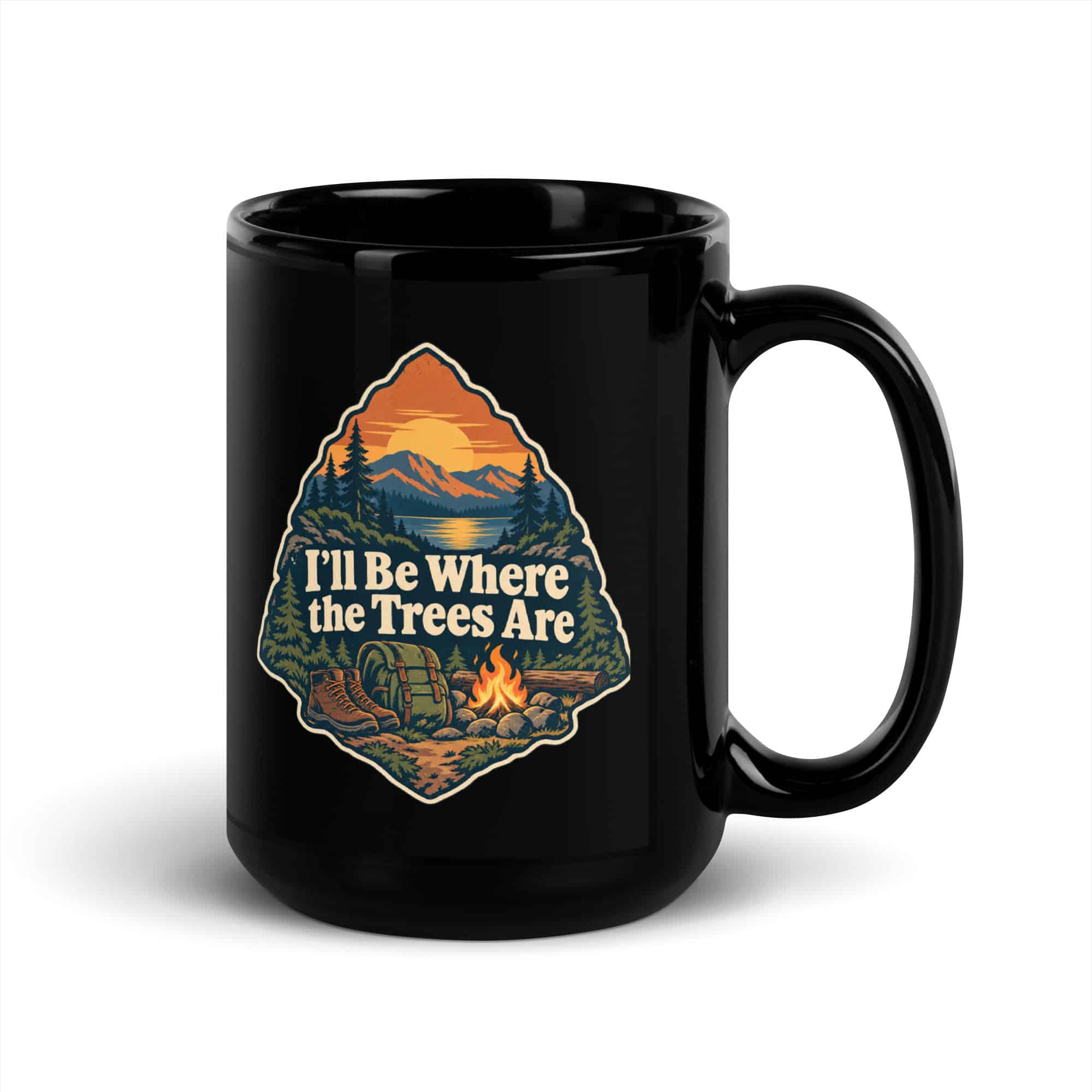 Nature and Adventure Black Coffee Mug: I'll Be Where the Trees Are, Scenic Shield Badge