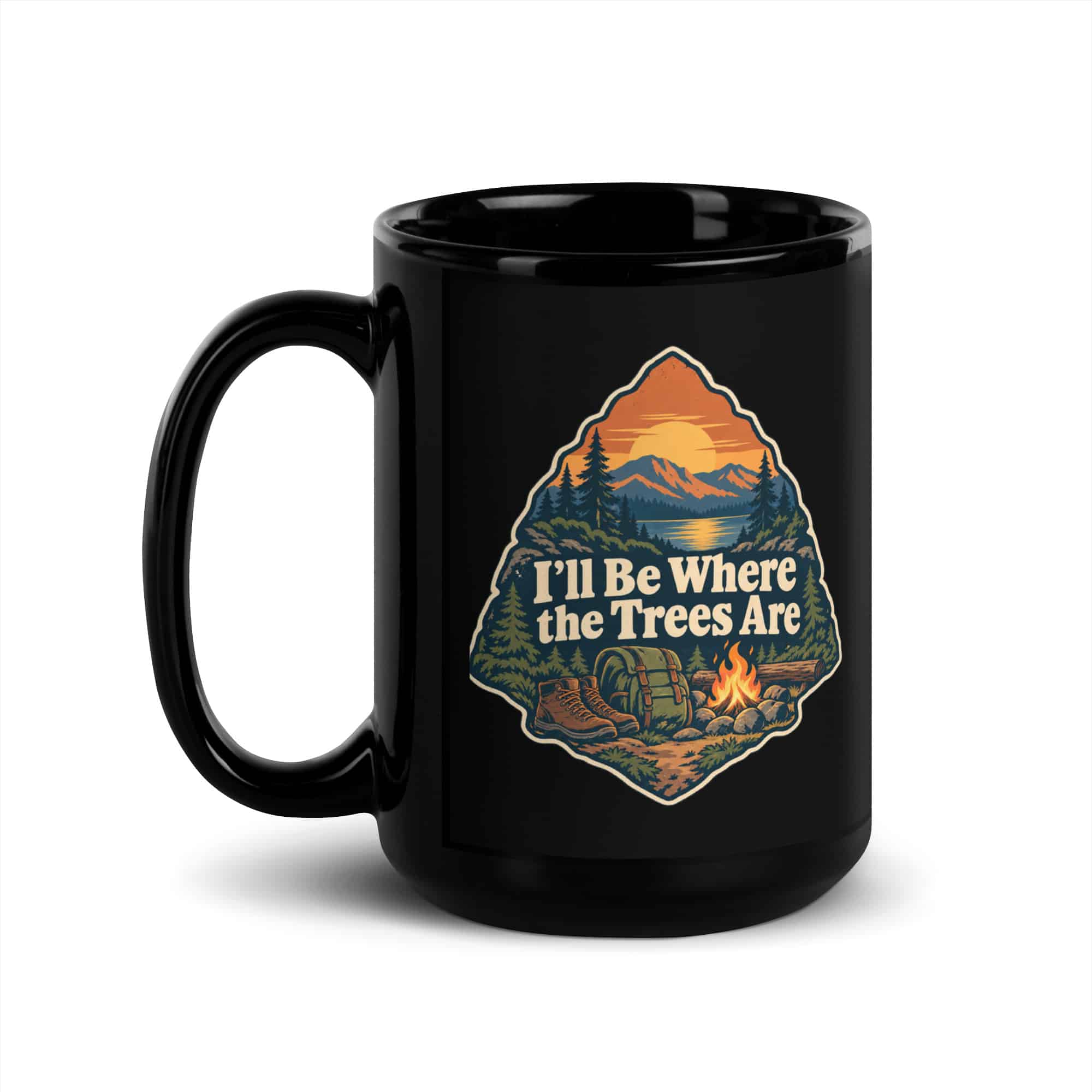 Nature and Adventure Black Coffee Mug: I'll Be Where the Trees Are, Scenic Shield Badge
