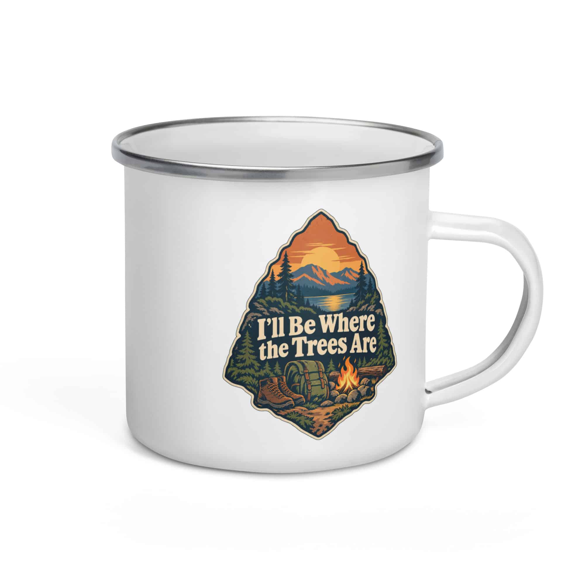Nature and Adventure Enamel Camp Mug: I'll Be Where the Trees Are, Scenic Shield Badge