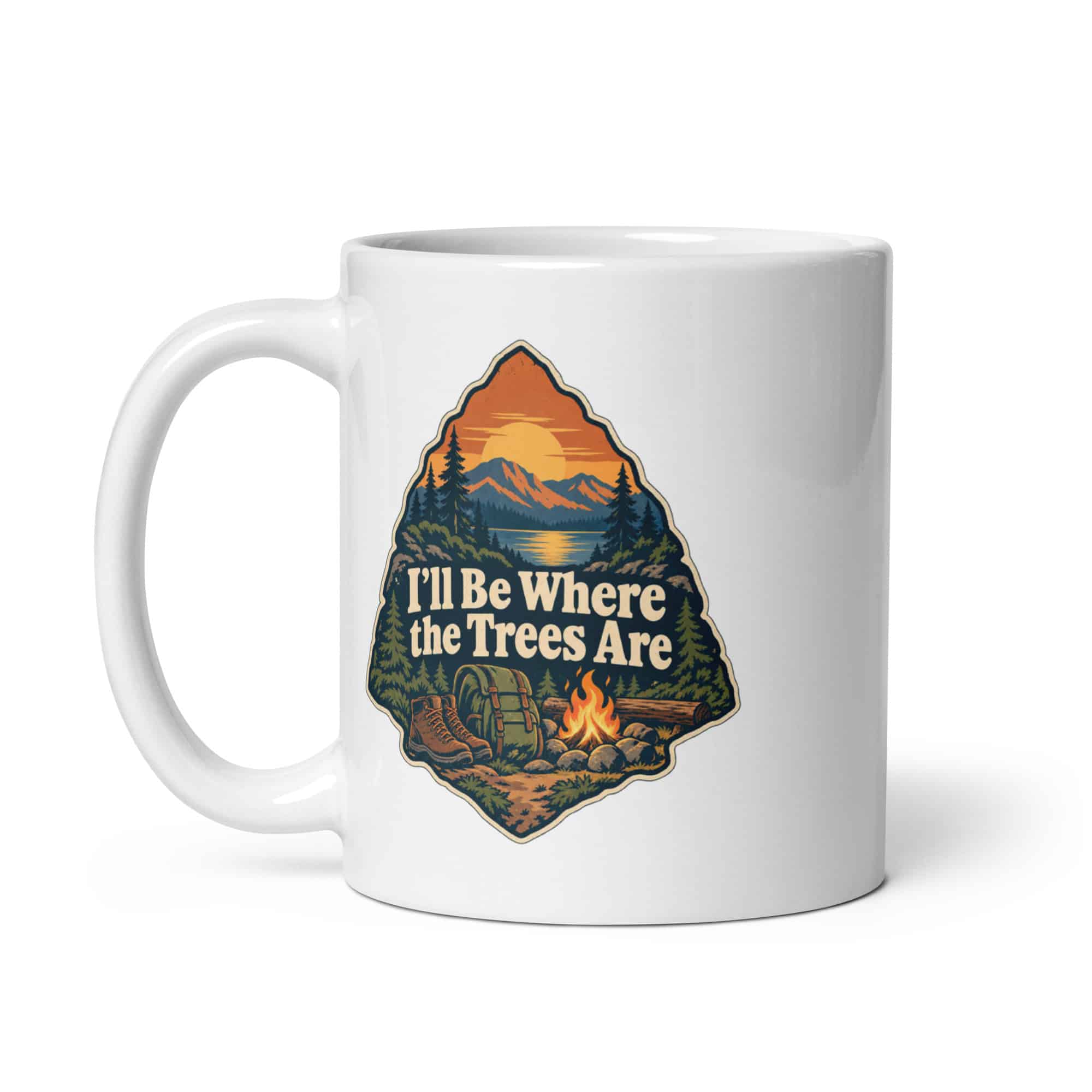 Nature and Adventure White Ceramic Coffee Mug: I'll Be Where the Trees Are, Scenic Shield Badge