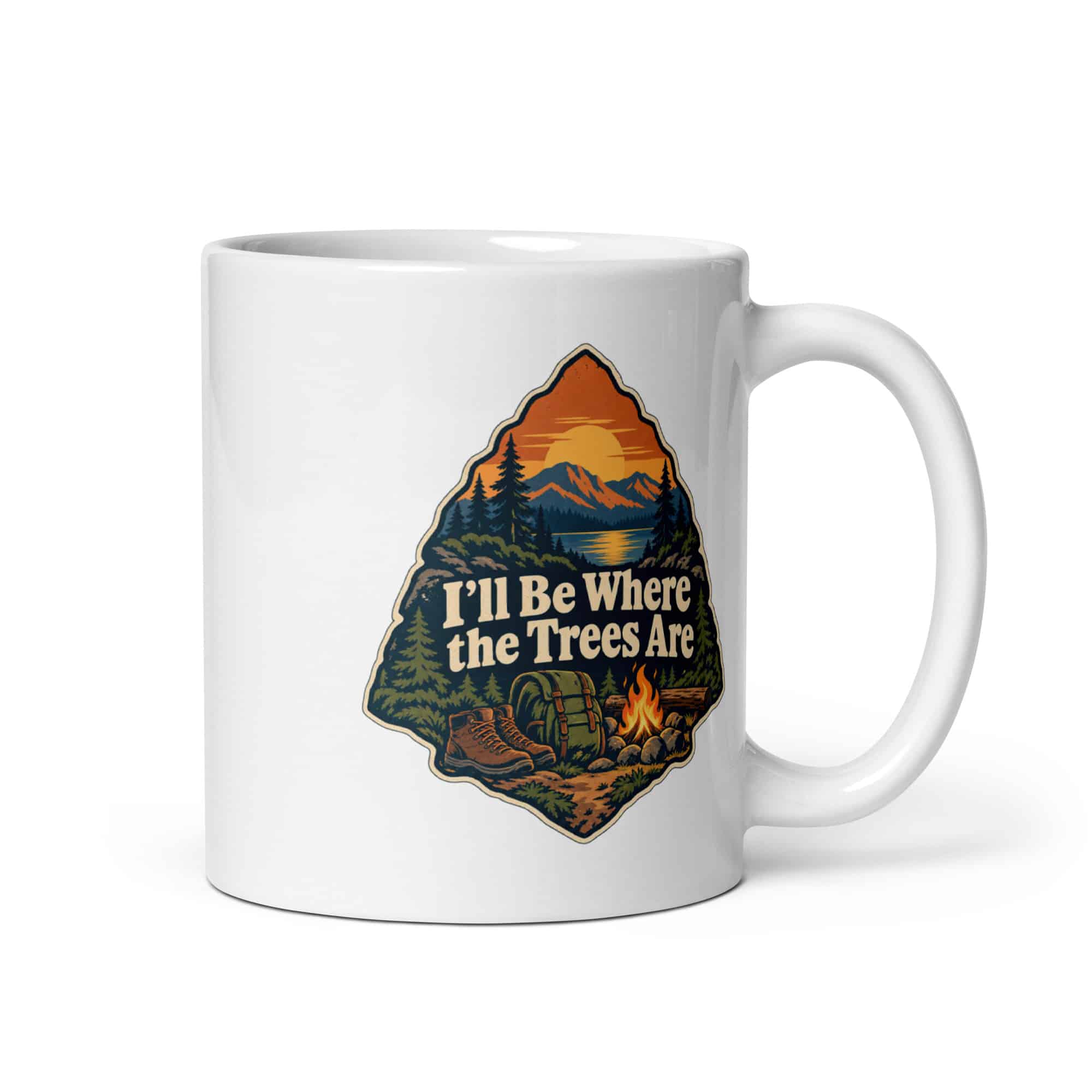 Nature and Adventure White Ceramic Coffee Mug: I'll Be Where the Trees Are, Scenic Shield Badge