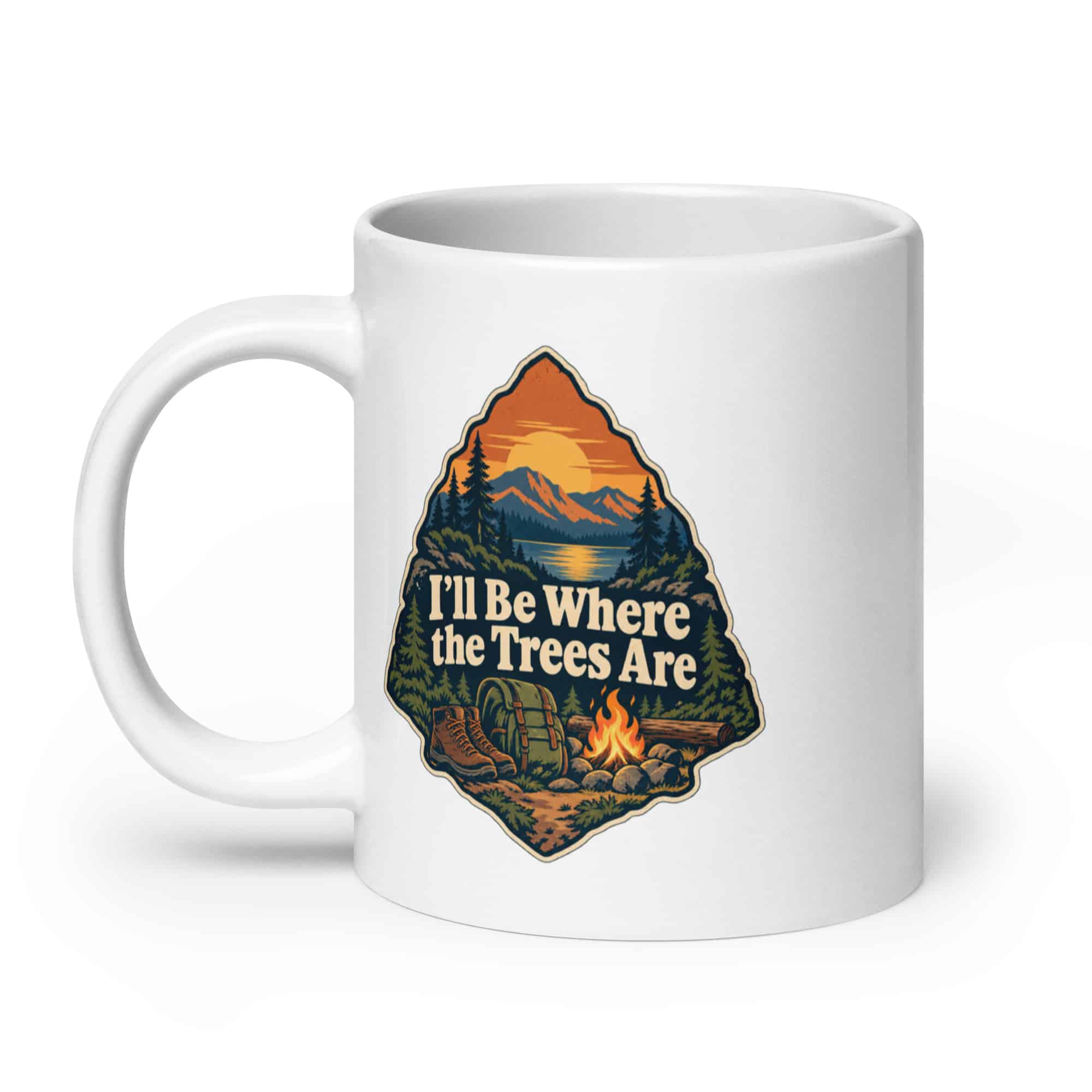 Nature and Adventure White Ceramic Coffee Mug: I'll Be Where the Trees Are, Scenic Shield Badge