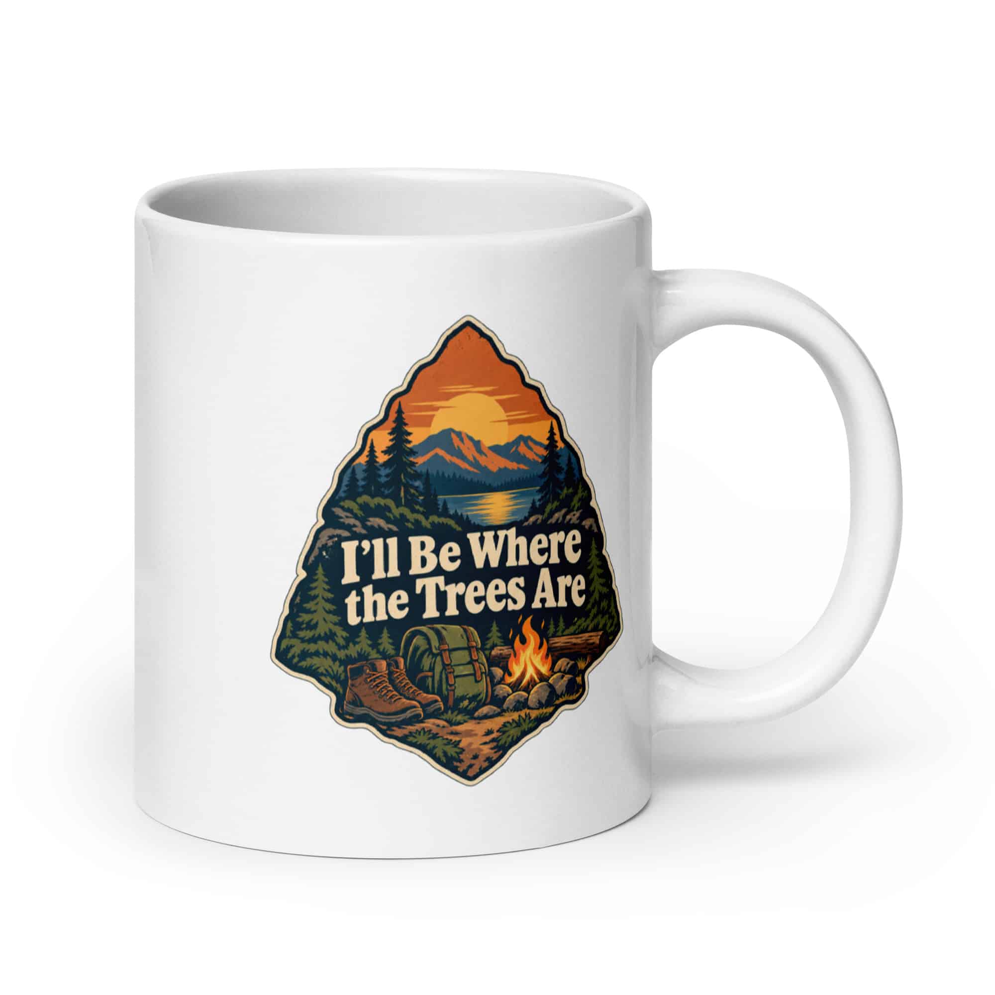 Nature and Adventure White Ceramic Coffee Mug: I'll Be Where the Trees Are, Scenic Shield Badge