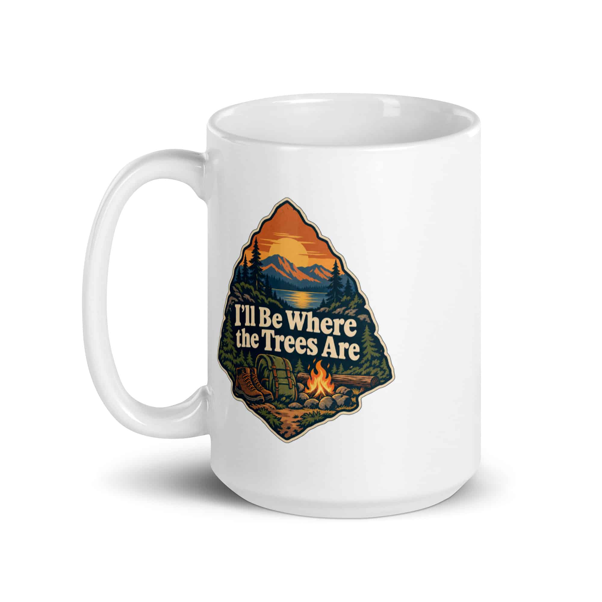Nature and Adventure White Ceramic Coffee Mug: I'll Be Where the Trees Are, Scenic Shield Badge