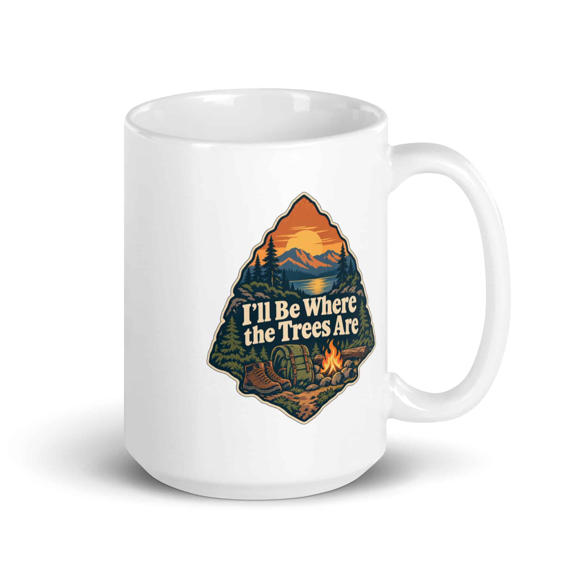 Nature and Adventure White Ceramic Coffee Mug: I'll Be Where the Trees Are, Scenic Shield Badge