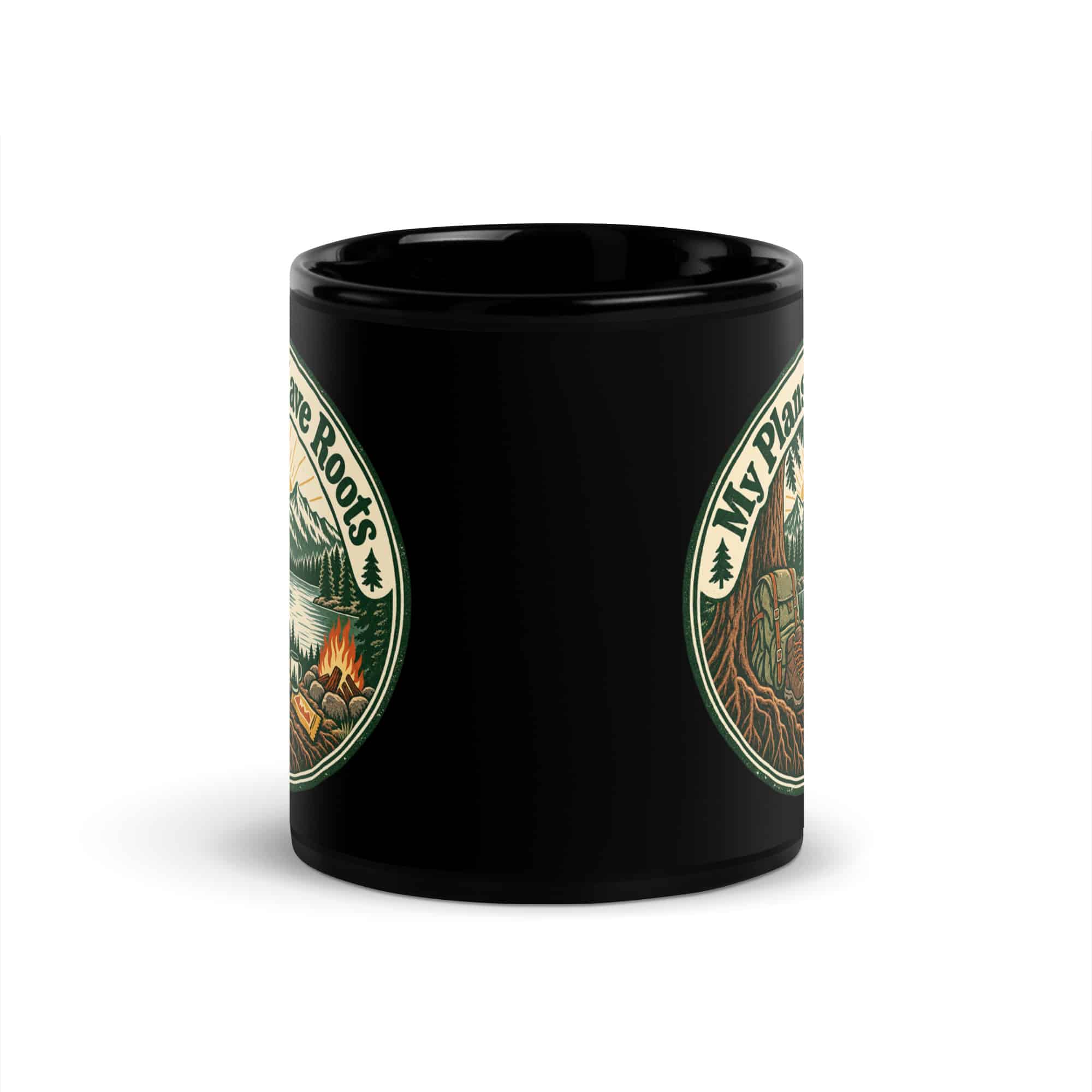 Nature and Adventure Black Coffee Mug: My Plans Have Roots, Vintage Round Badge