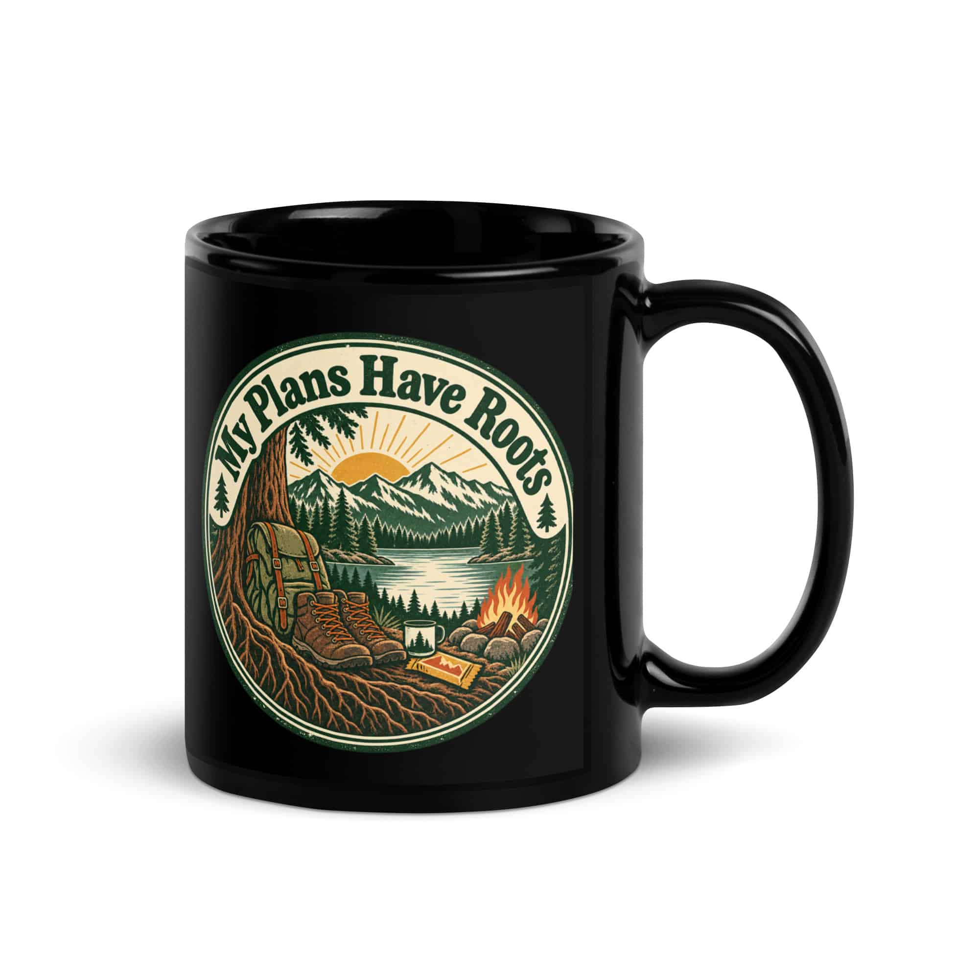 Nature and Adventure Black Coffee Mug: My Plans Have Roots, Vintage Round Badge