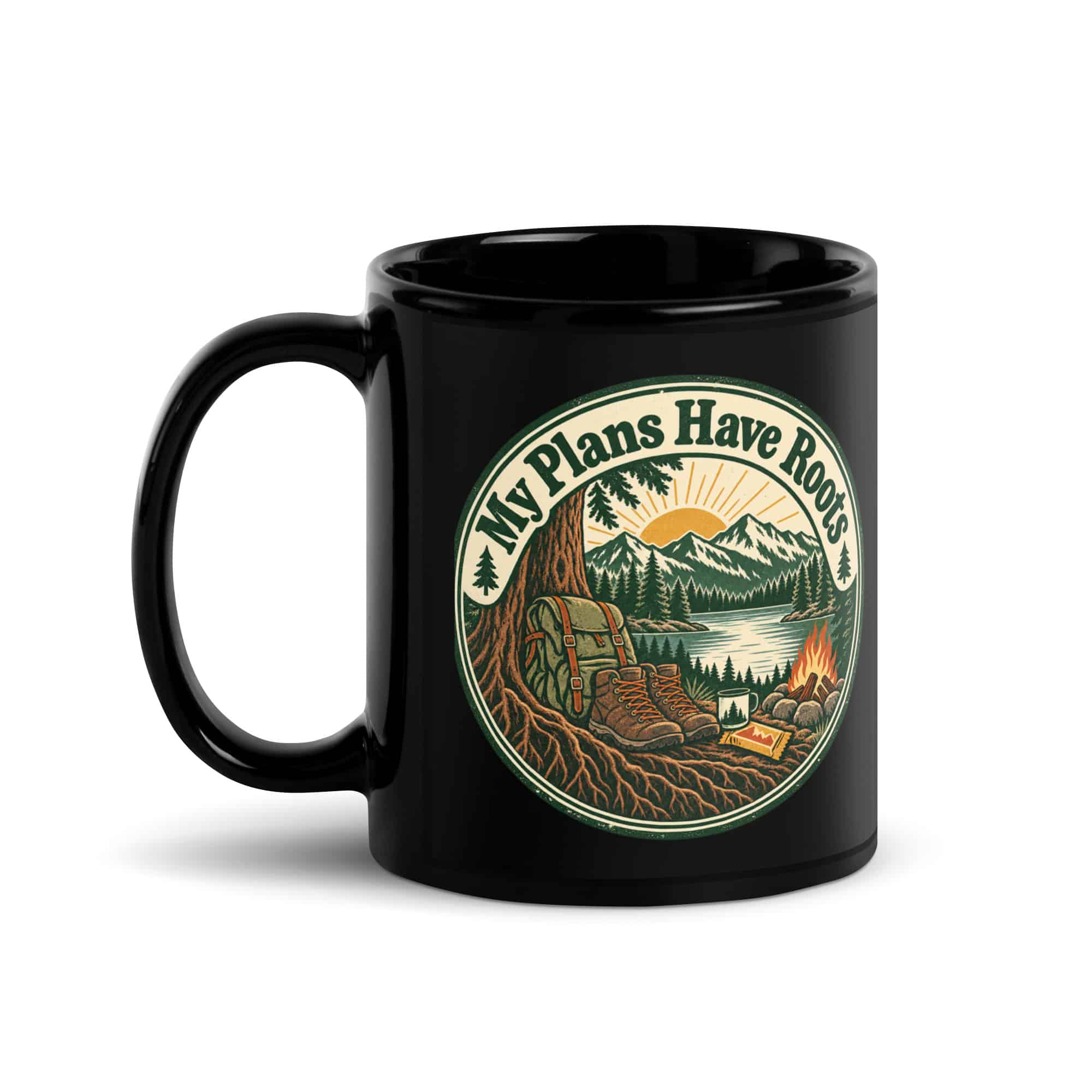 Nature and Adventure Black Coffee Mug: My Plans Have Roots, Vintage Round Badge