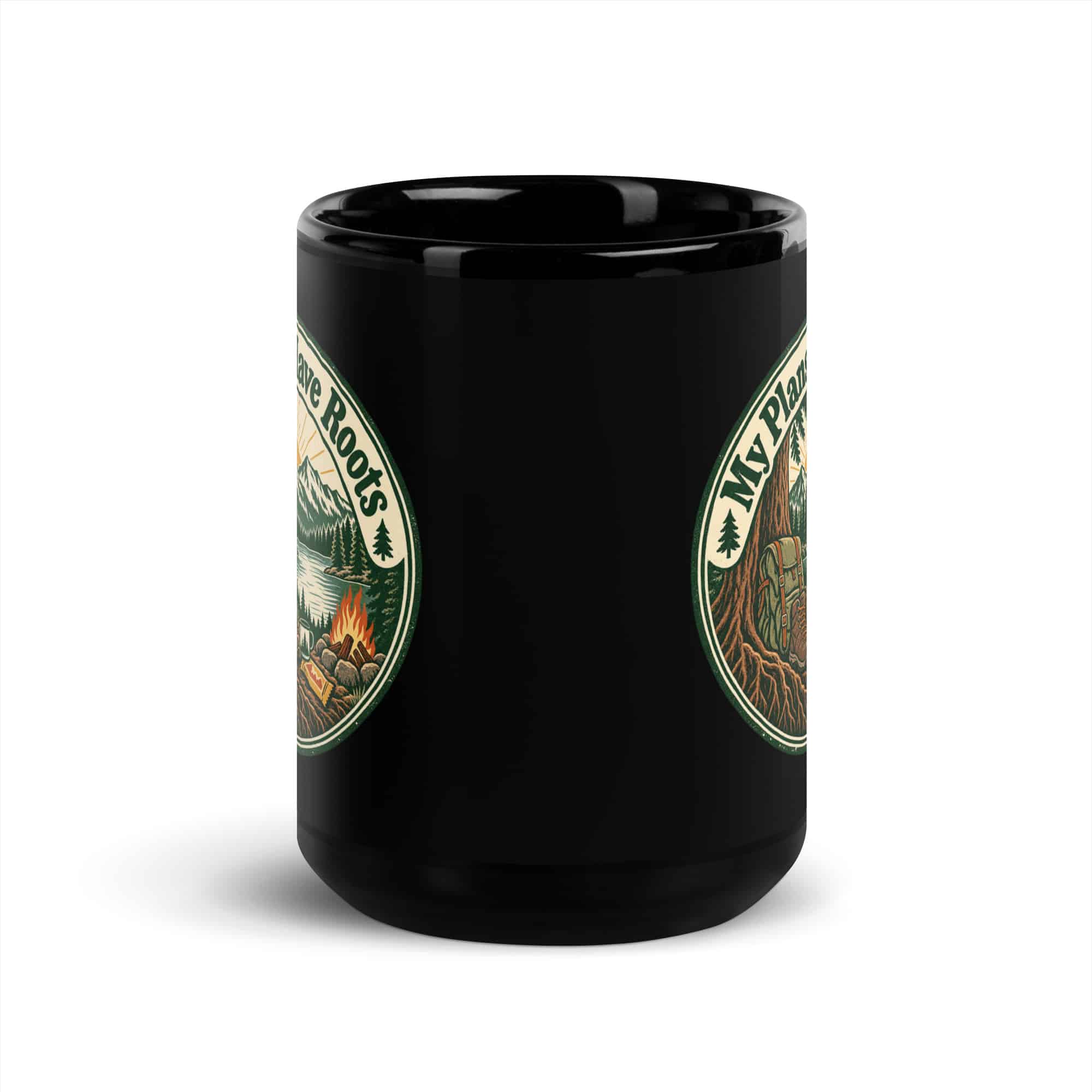 Nature and Adventure Black Coffee Mug: My Plans Have Roots, Vintage Round Badge