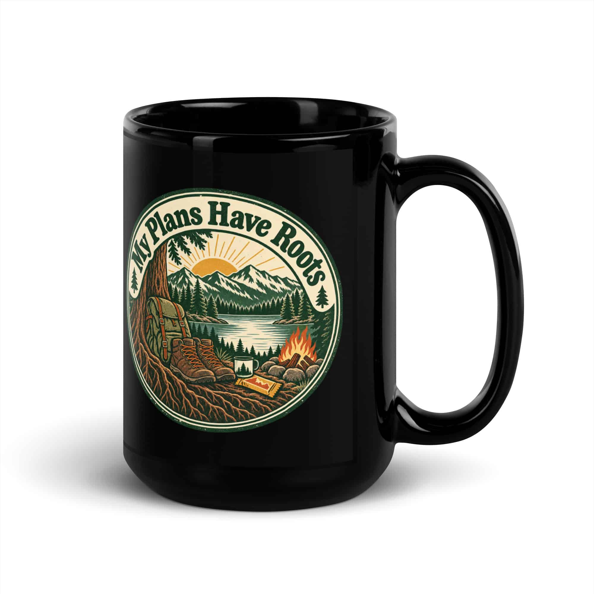 Nature and Adventure Black Coffee Mug: My Plans Have Roots, Vintage Round Badge