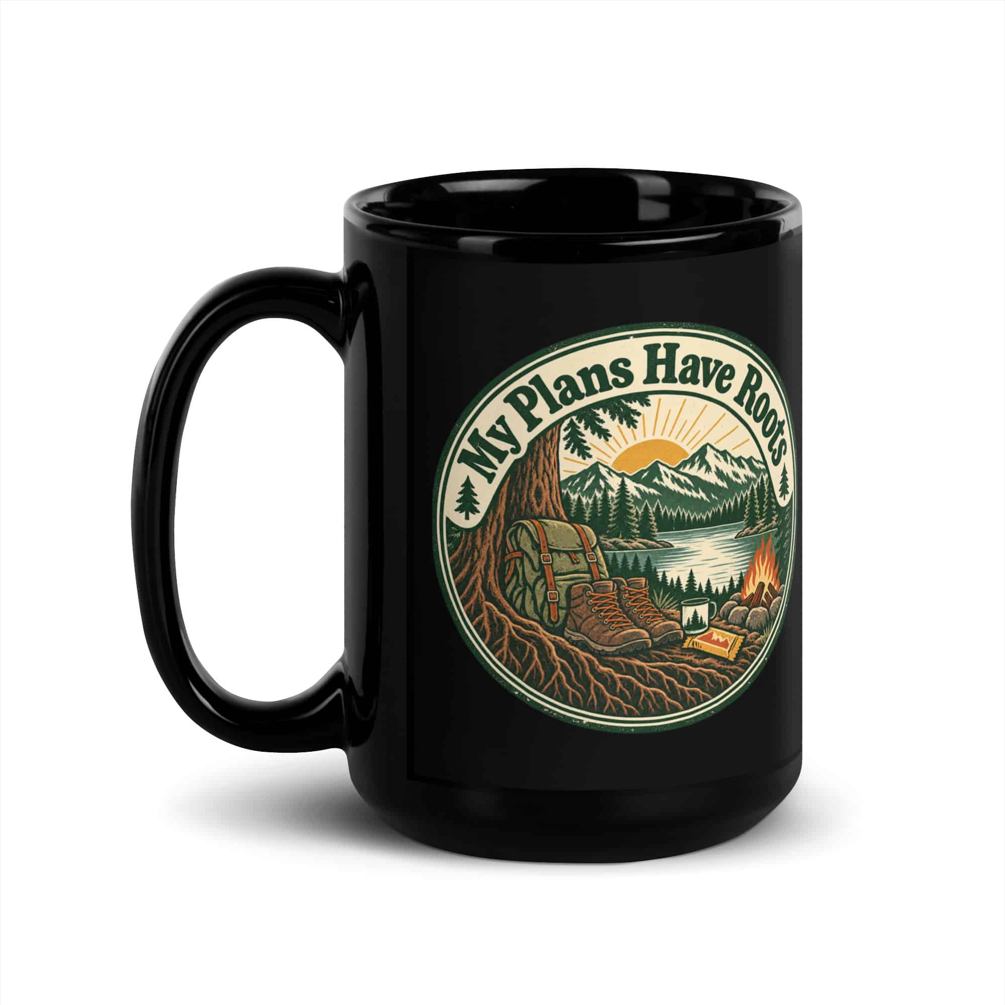 Nature and Adventure Black Coffee Mug: My Plans Have Roots, Vintage Round Badge