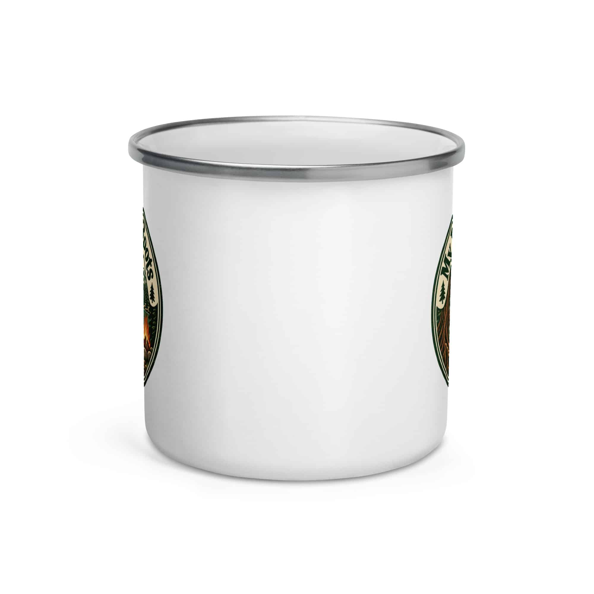 Nature and Adventure Enamel Camp Mug: My Plans Have Roots, Vintage Round Badge