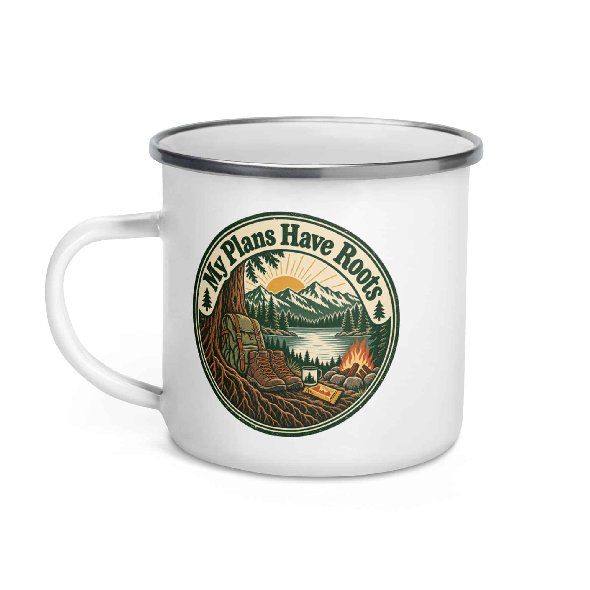 Nature and Adventure Enamel Camp Mug: My Plans Have Roots, Vintage Round Badge