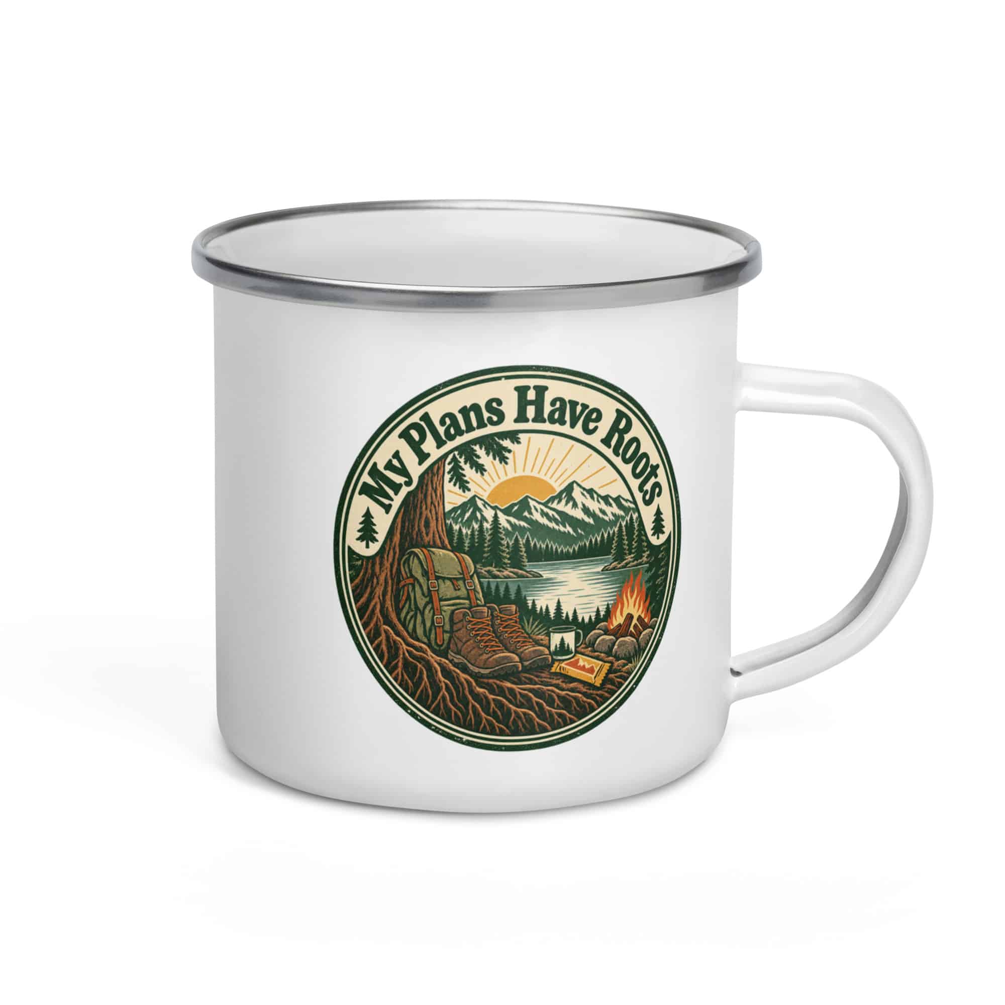 Nature and Adventure Enamel Camp Mug: My Plans Have Roots, Vintage Round Badge