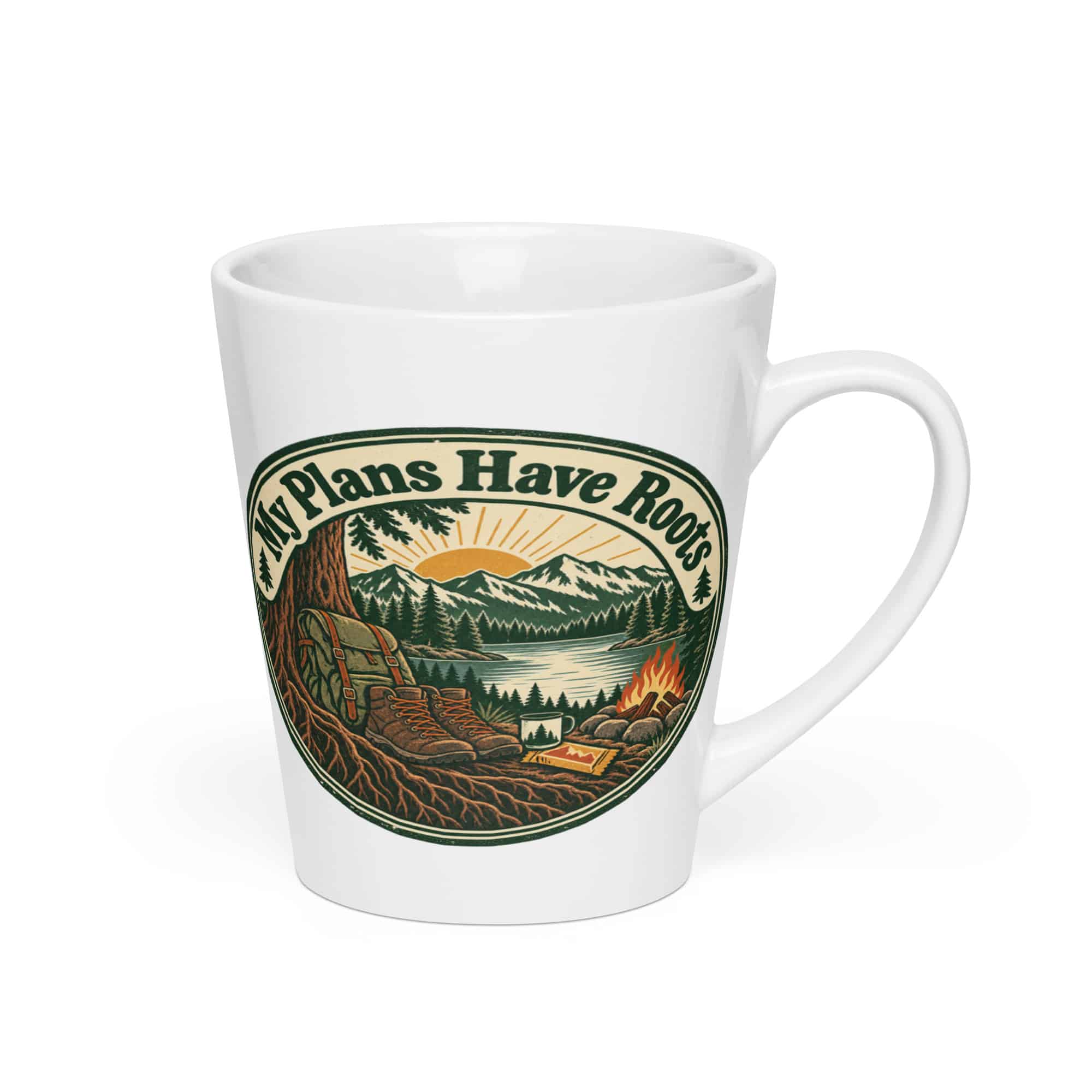 Nature and Adventure Latte Mug: My Plans Have Roots, Vintage Round Badge