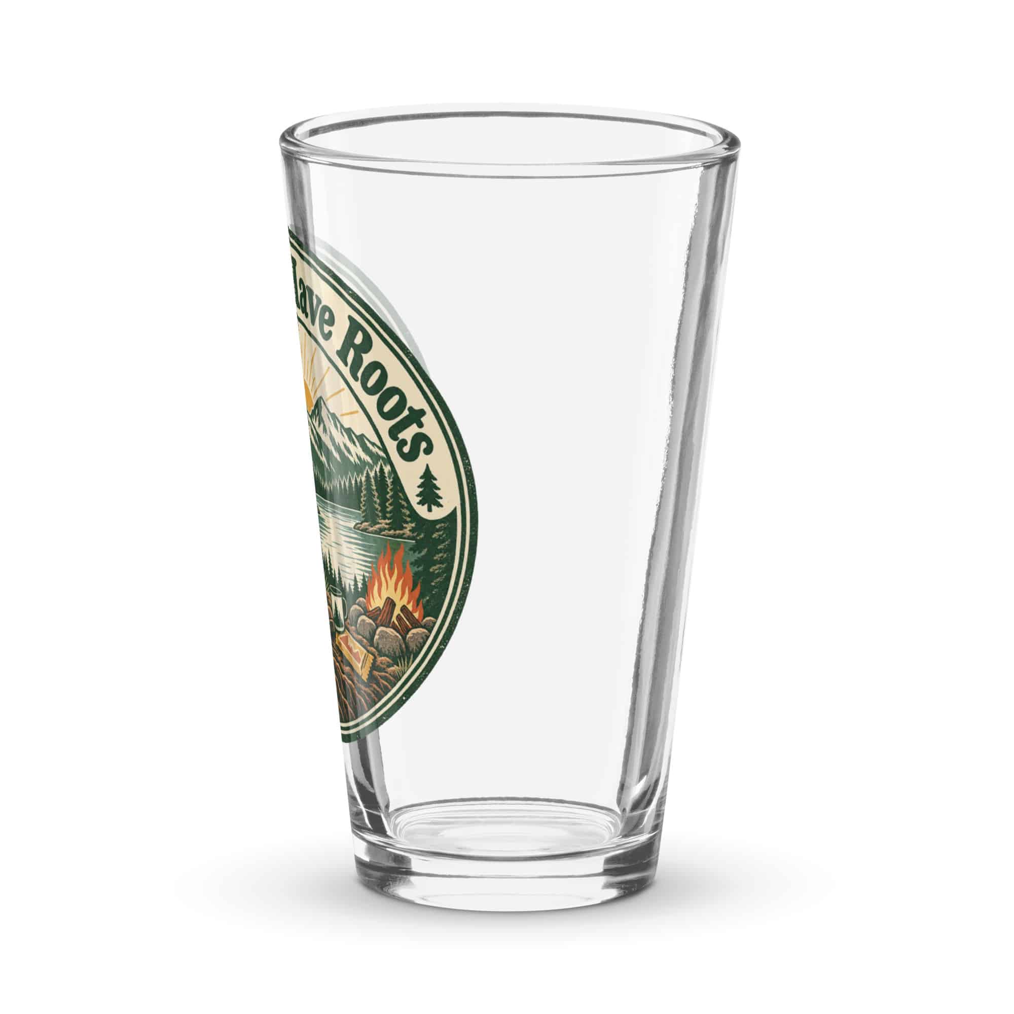 Nature and Adventure Pint Glass: My Plans Have Roots, Vintage Round Badge