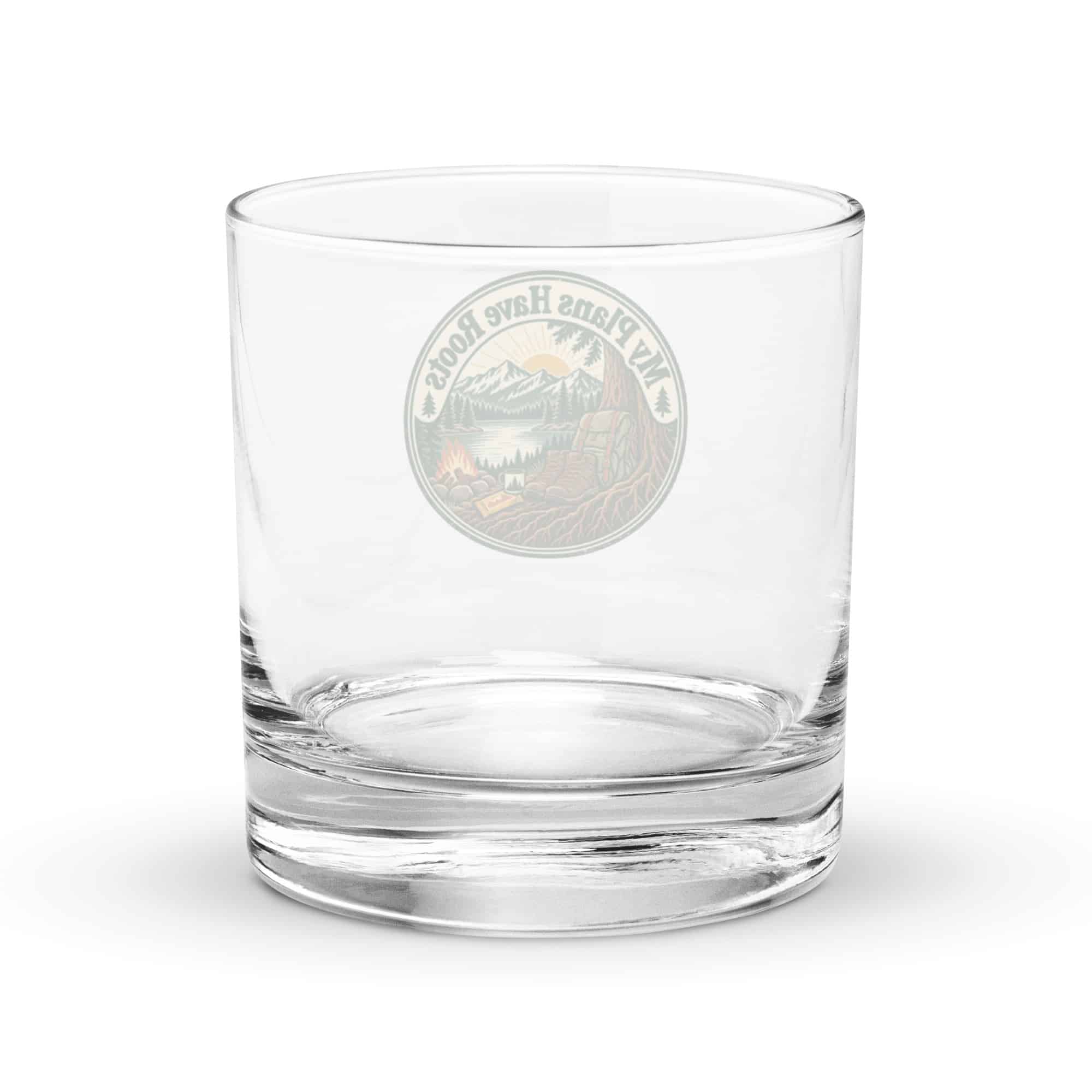 Nature and Adventure Rocks Glass: My Plans Have Roots, Vintage Round Badge