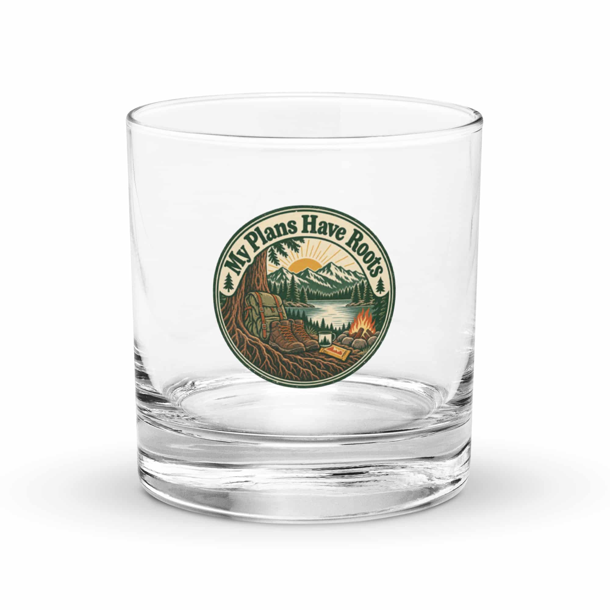 Nature and Adventure Rocks Glass: My Plans Have Roots, Vintage Round Badge