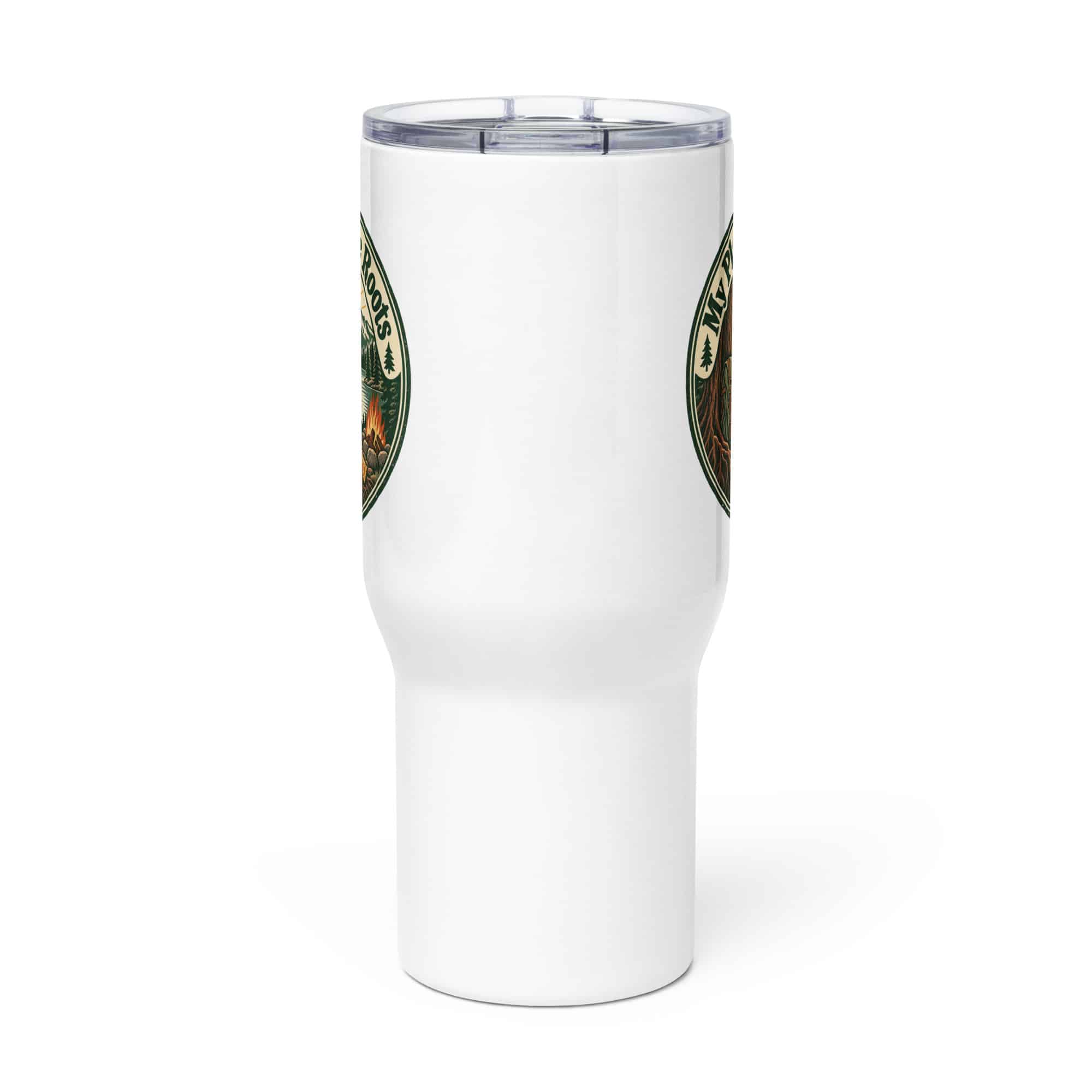 Nature and Adventure Travel Mug: My Plans Have Roots, Vintage Round Badge