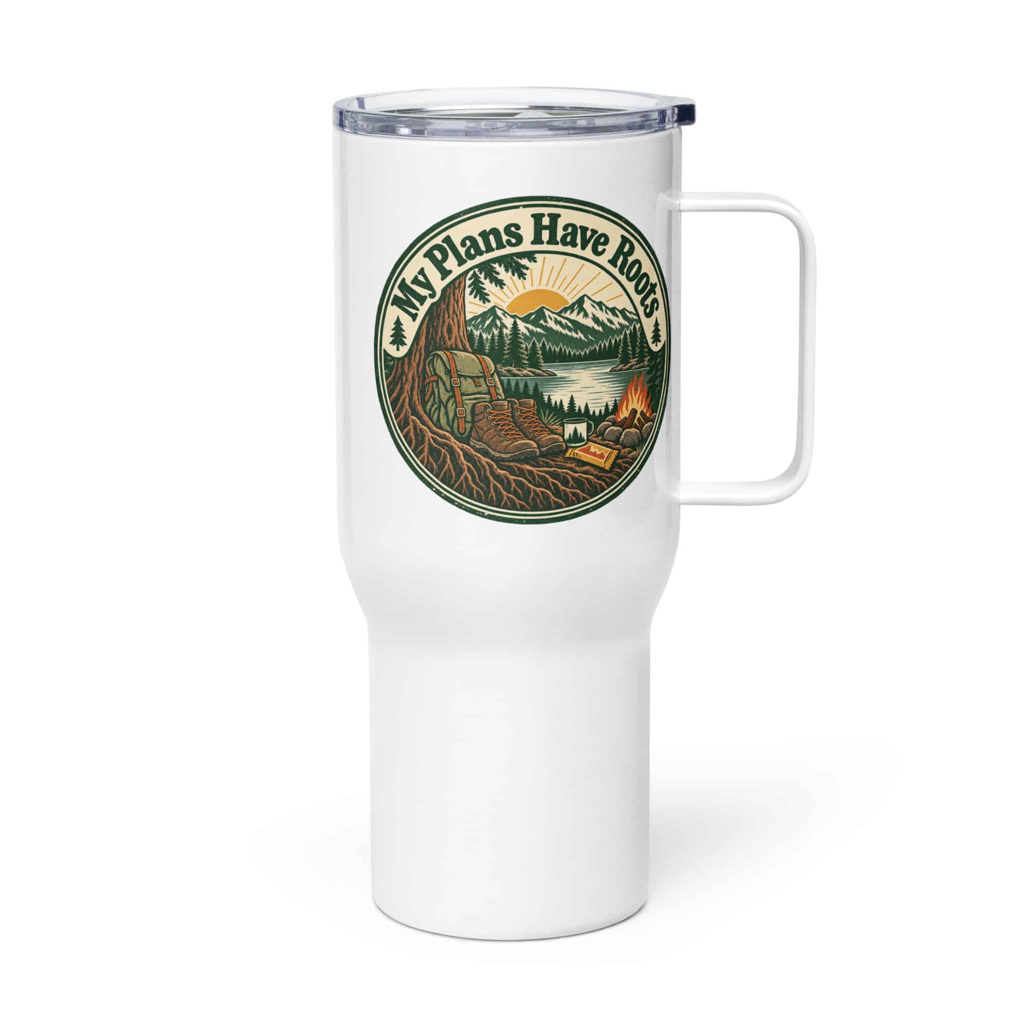 Nature and Adventure Travel Mug: My Plans Have Roots, Vintage Round Badge