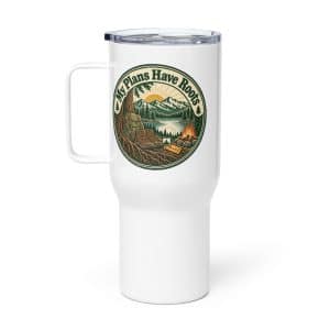 Nature and Adventure Travel Mug: My Plans Have Roots, Vintage Round Badge - 25 oz - Main