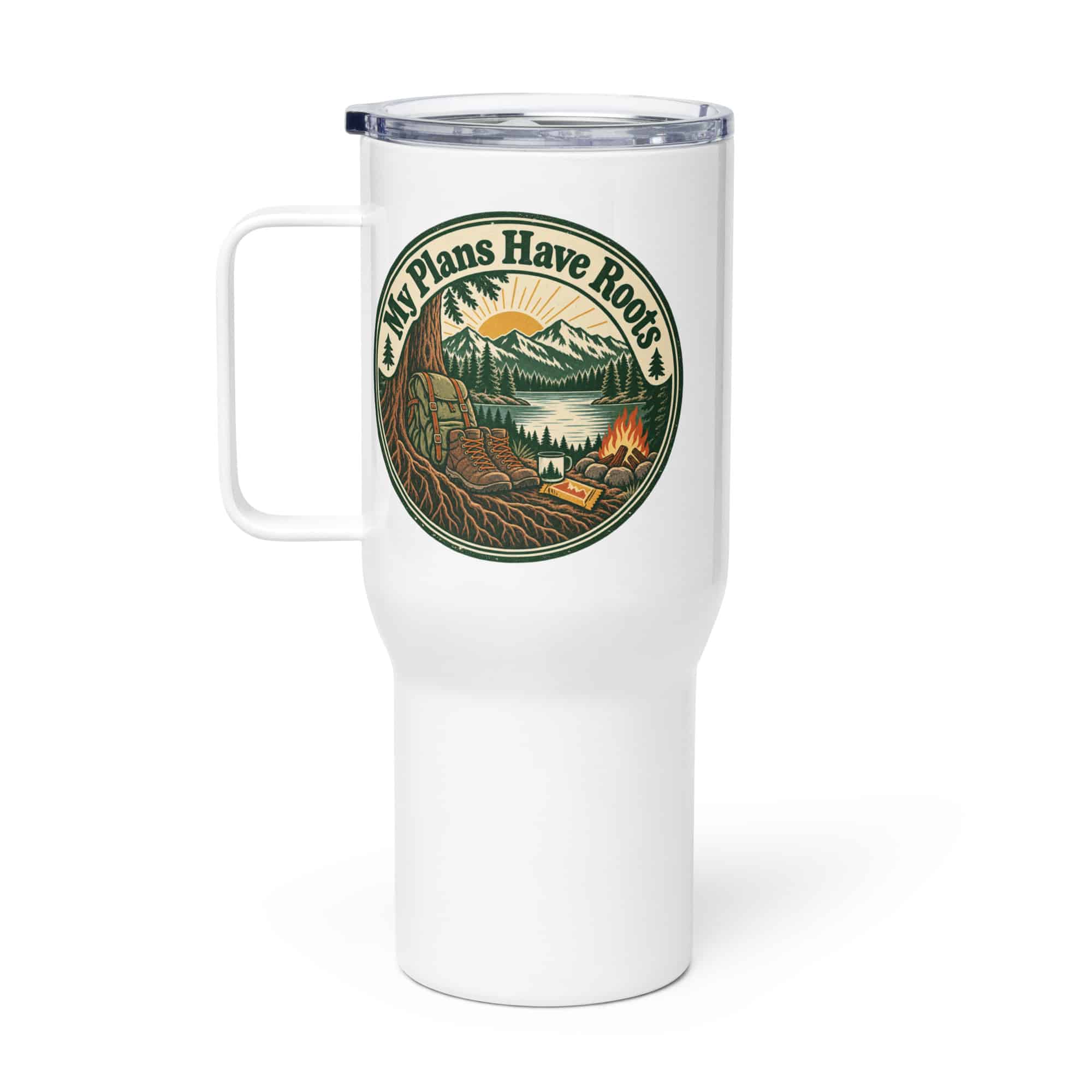 Nature and Adventure Travel Mug: My Plans Have Roots, Vintage Round Badge