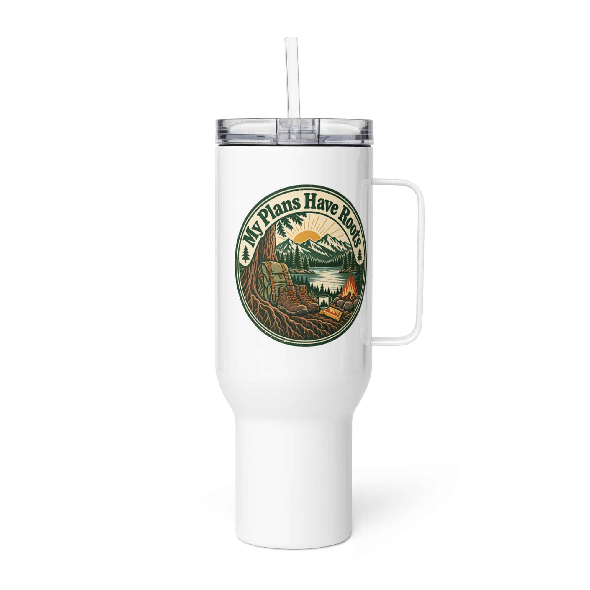 Nature and Adventure Travel Mug: My Plans Have Roots, Vintage Round Badge
