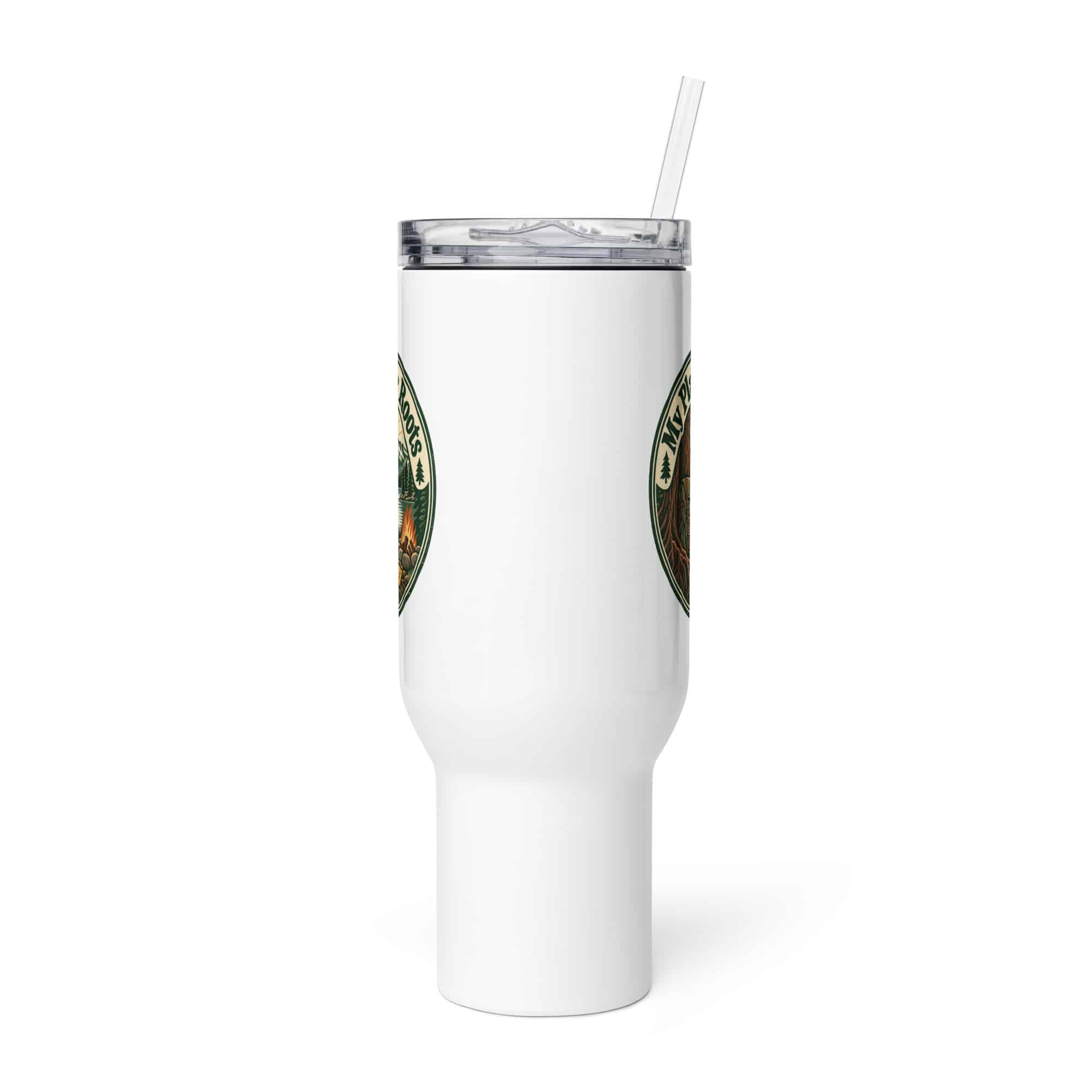 Nature and Adventure Travel Mug: My Plans Have Roots, Vintage Round Badge