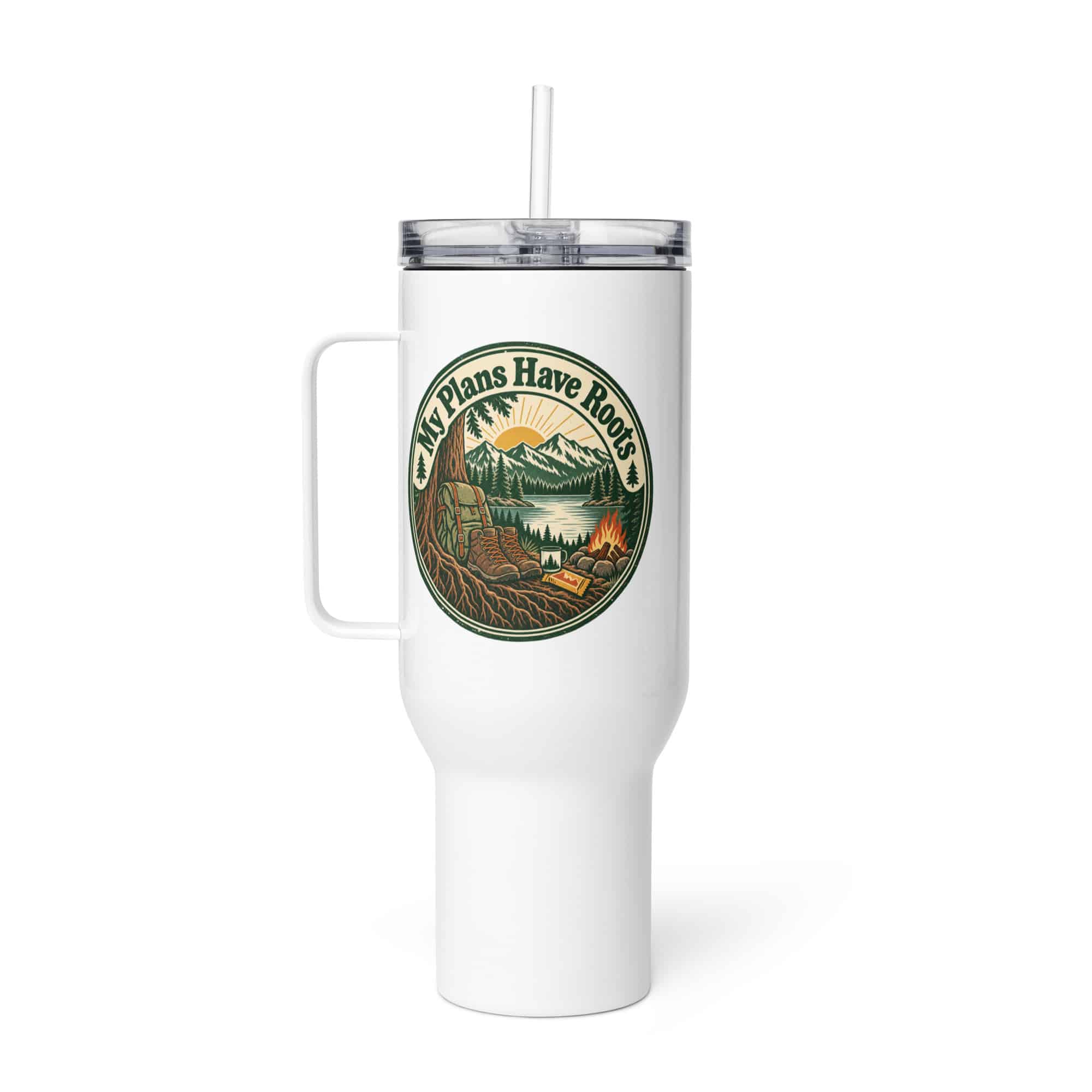 Nature and Adventure Travel Mug: My Plans Have Roots, Vintage Round Badge
