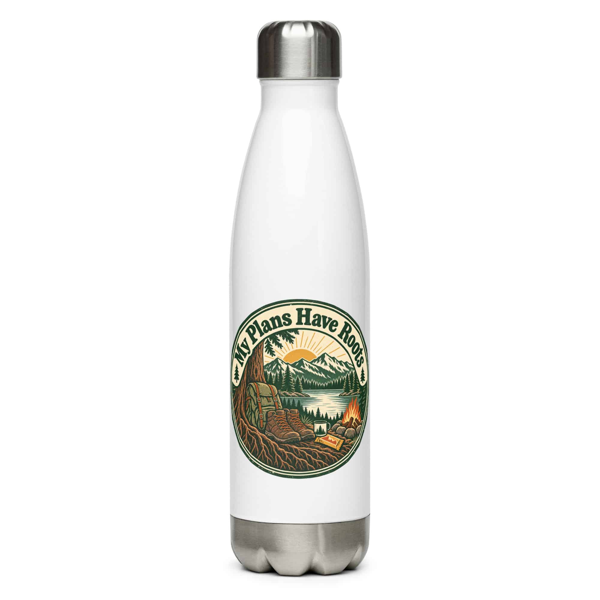 Nature and Adventure Stainless Steel Water Bottle: My Plans Have Roots, Vintage Round Badge