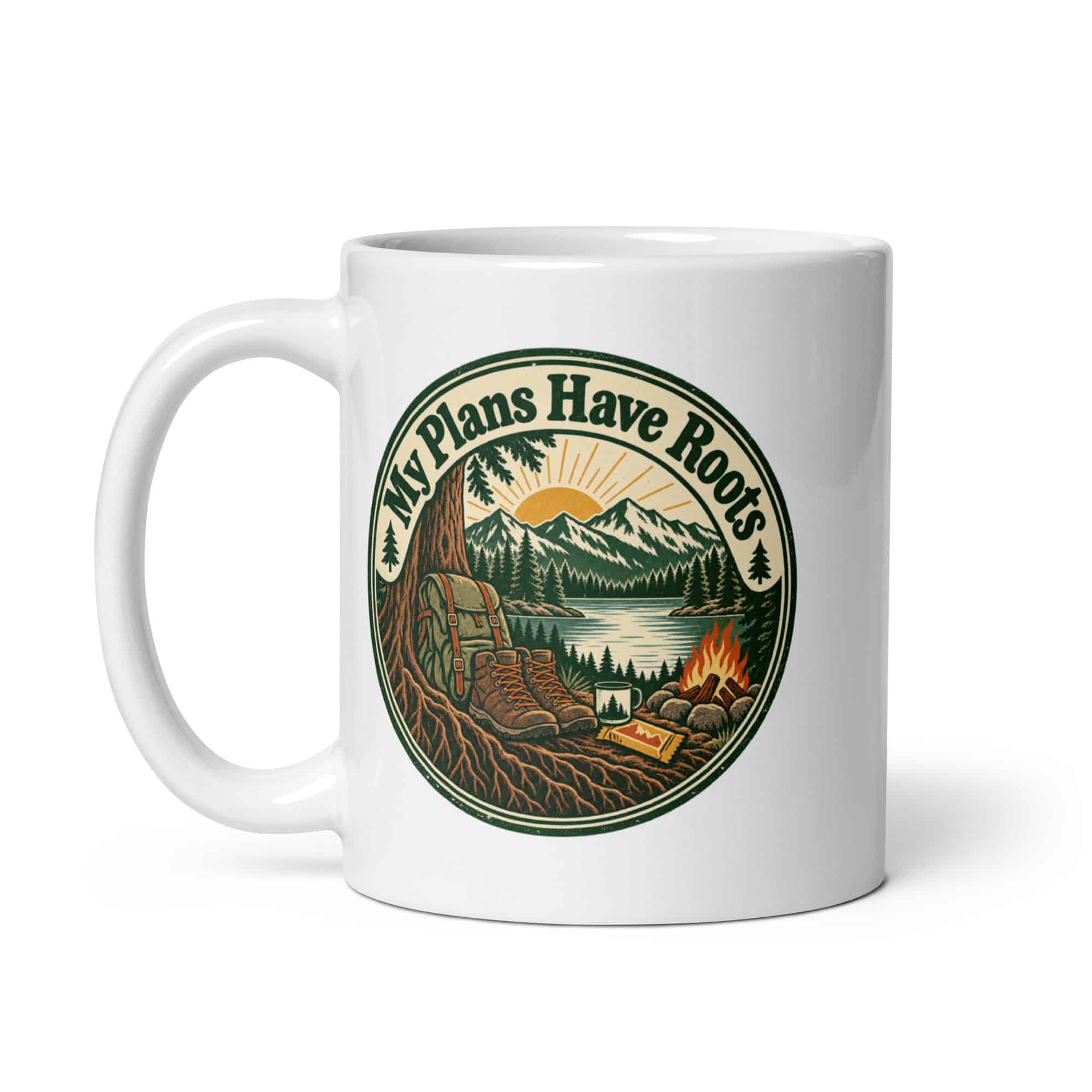 Nature and Adventure White Ceramic Coffee Mug: My Plans Have Roots, Vintage Round Badge
