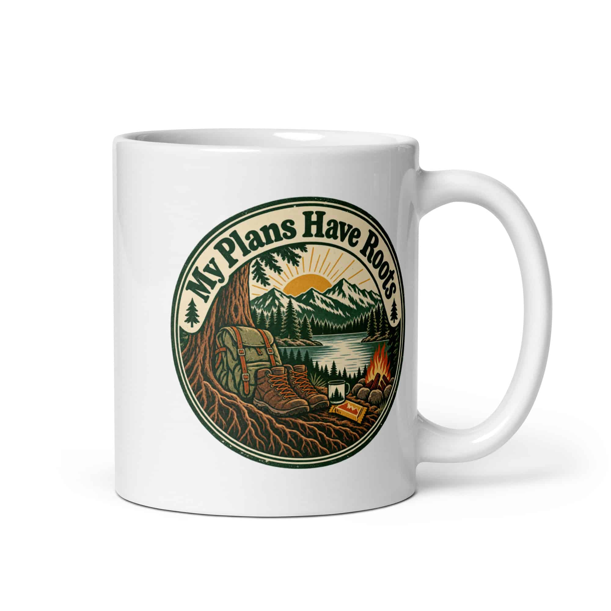 Nature and Adventure White Ceramic Coffee Mug: My Plans Have Roots, Vintage Round Badge