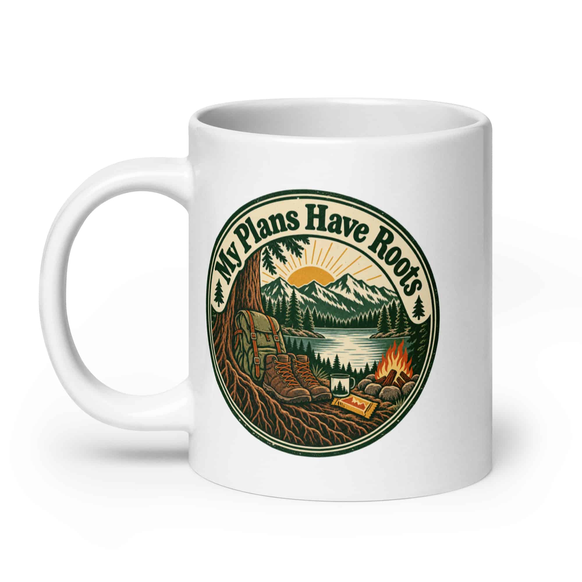 Nature and Adventure White Ceramic Coffee Mug: My Plans Have Roots, Vintage Round Badge