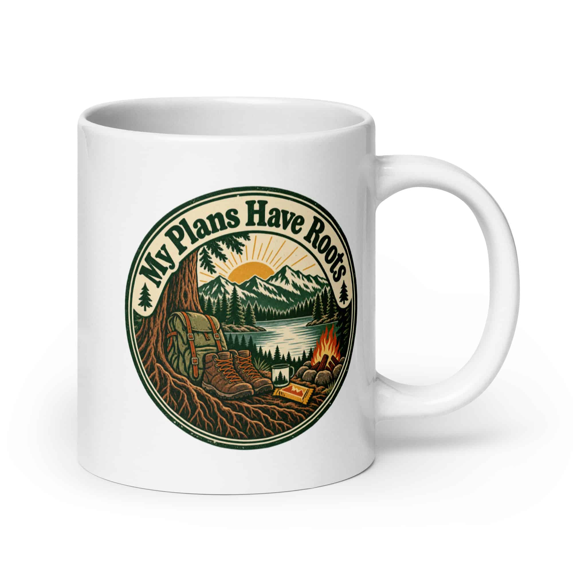 Nature and Adventure White Ceramic Coffee Mug: My Plans Have Roots, Vintage Round Badge