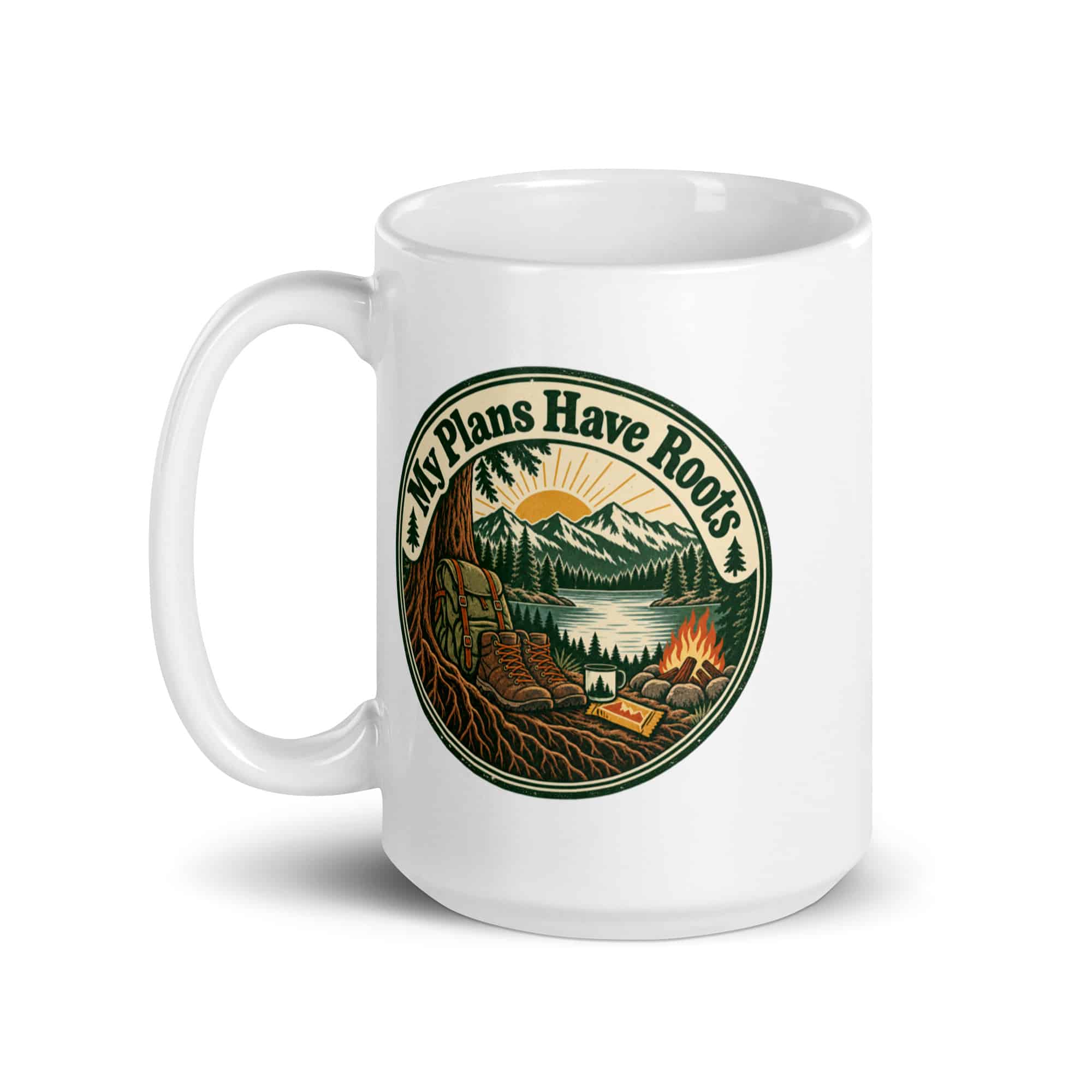 Nature and Adventure White Ceramic Coffee Mug: My Plans Have Roots, Vintage Round Badge