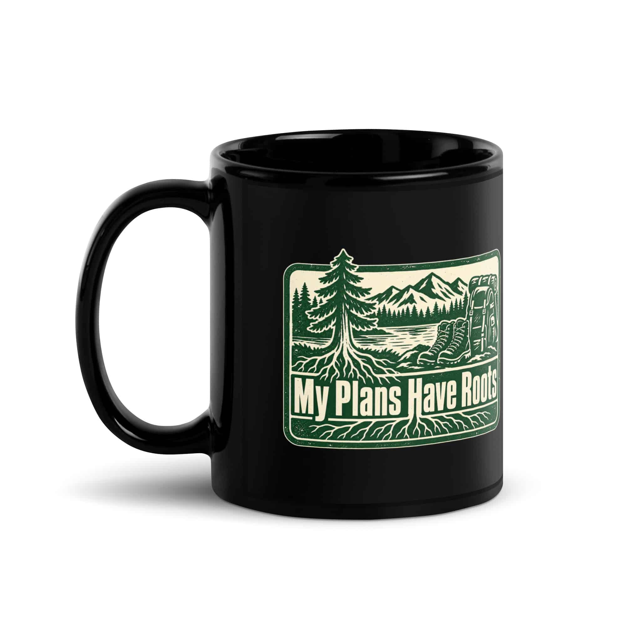Nature and Adventure Black Coffee Mug: My Plans Have Roots, Forest Ink Stamp