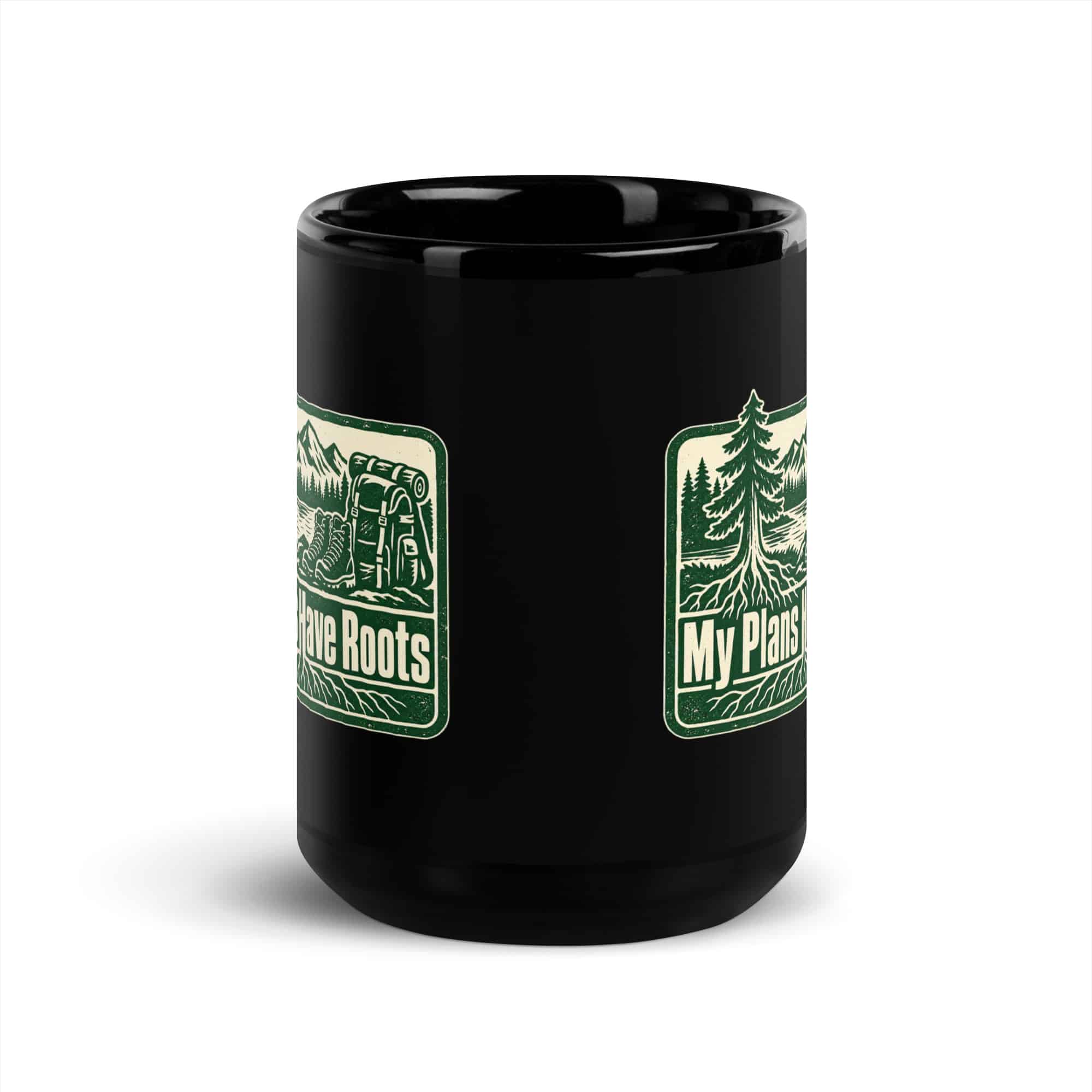 Nature and Adventure Black Coffee Mug: My Plans Have Roots, Forest Ink Stamp