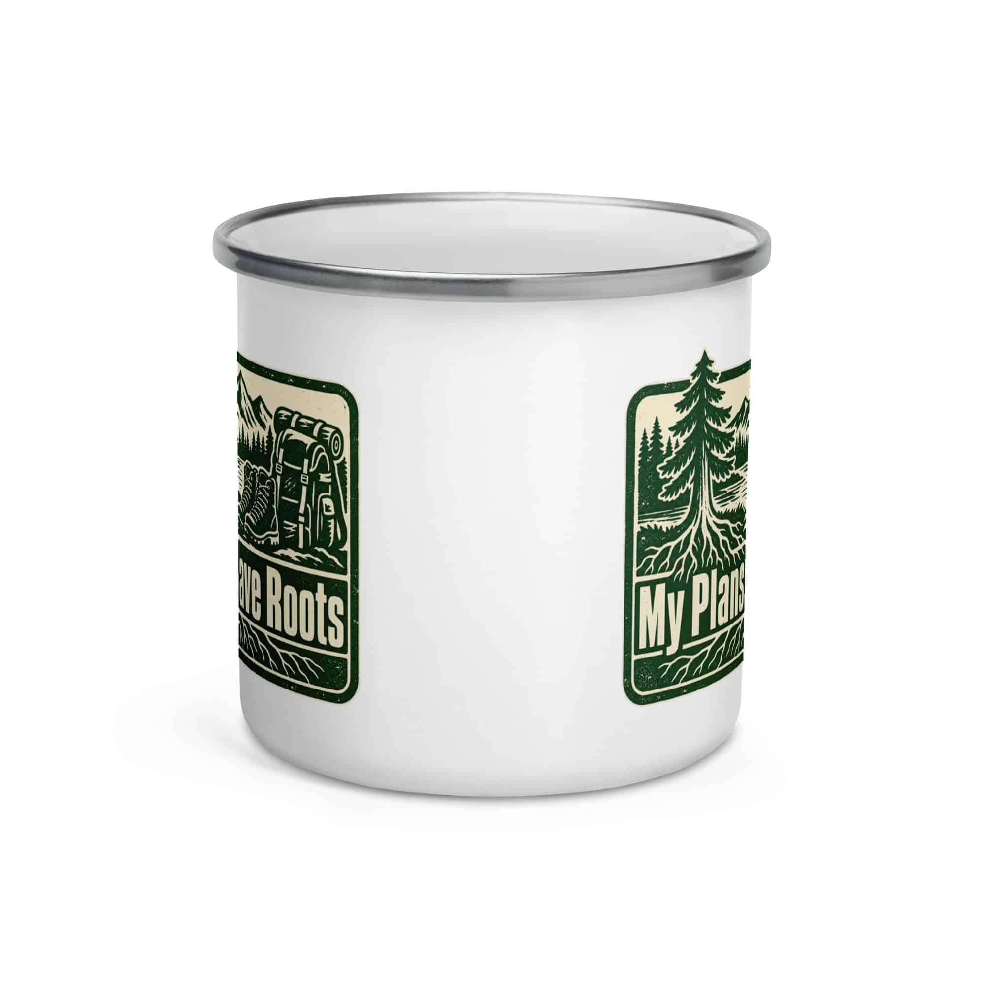 Nature and Adventure Enamel Camp Mug: My Plans Have Roots, Forest Ink Stamp