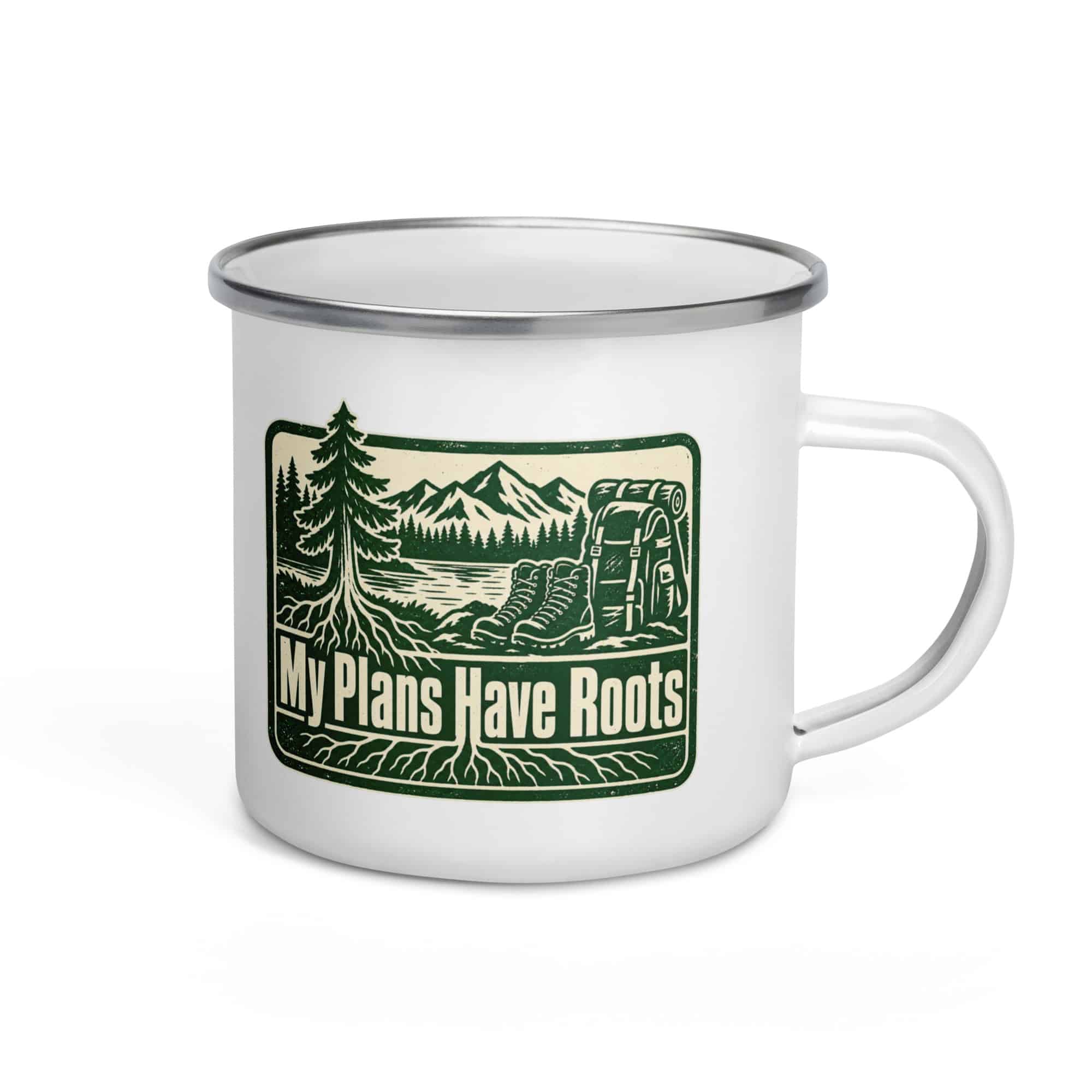 Nature and Adventure Enamel Camp Mug: My Plans Have Roots, Forest Ink Stamp