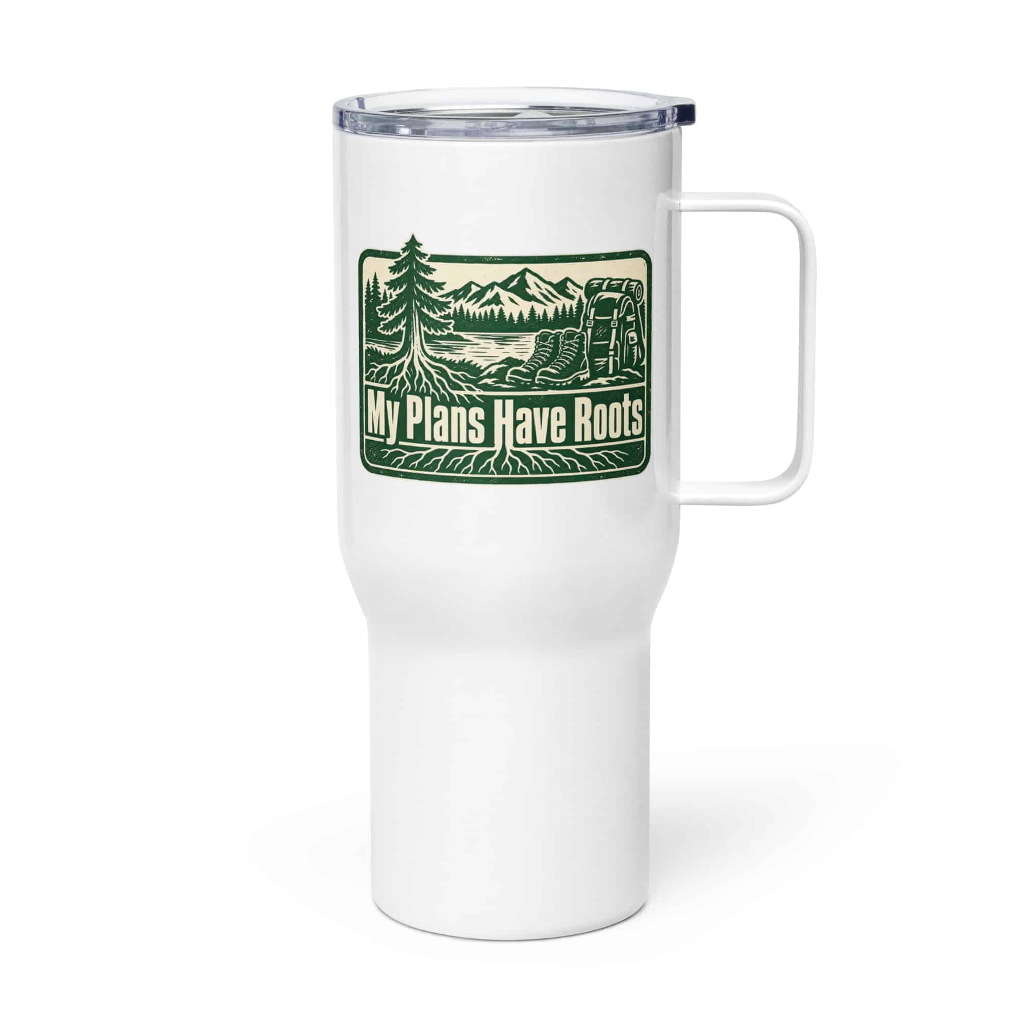 Nature and Adventure Travel Mug: My Plans Have Roots, Forest Ink Stamp