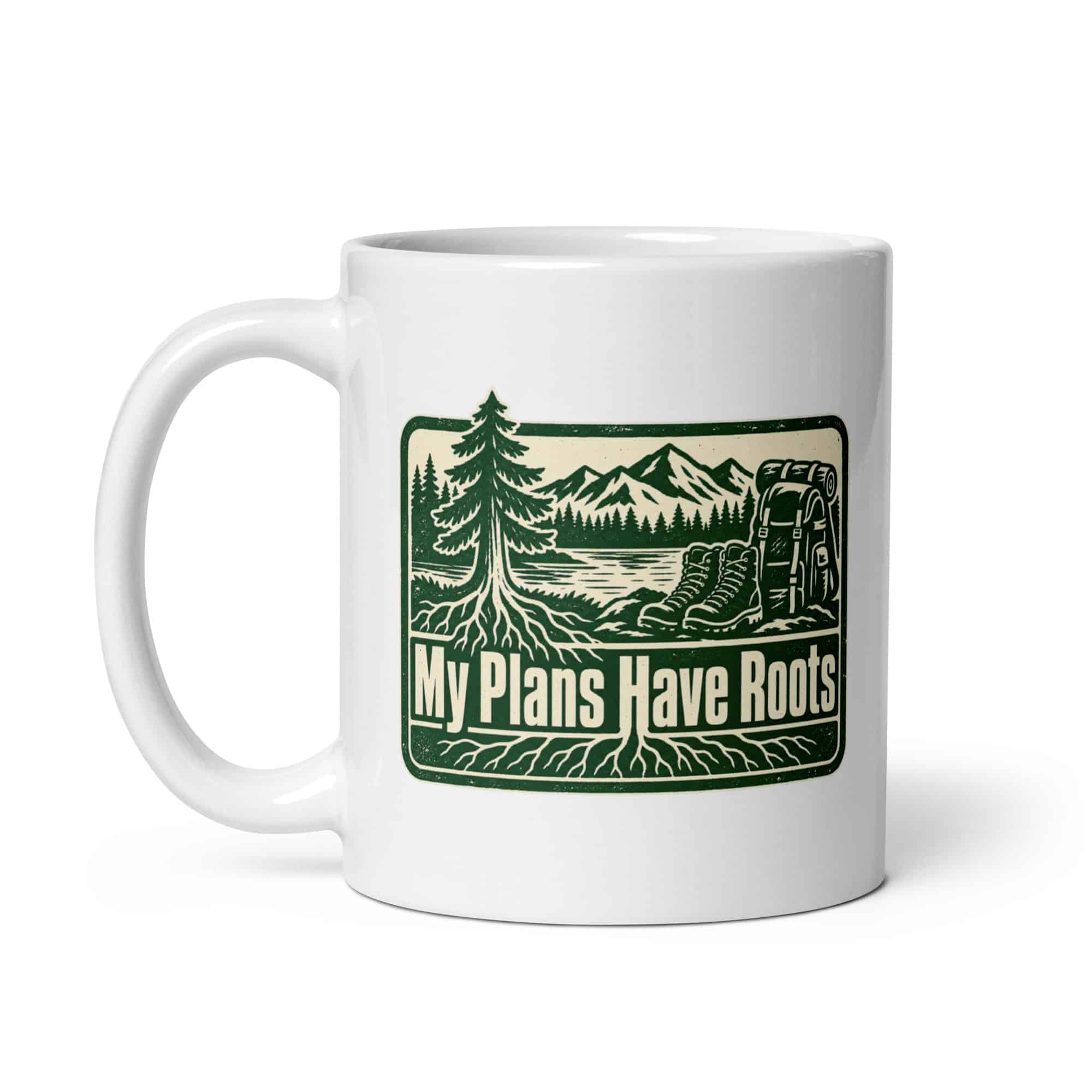 Nature and Adventure White Ceramic Coffee Mug: My Plans Have Roots, Forest Ink Stamp