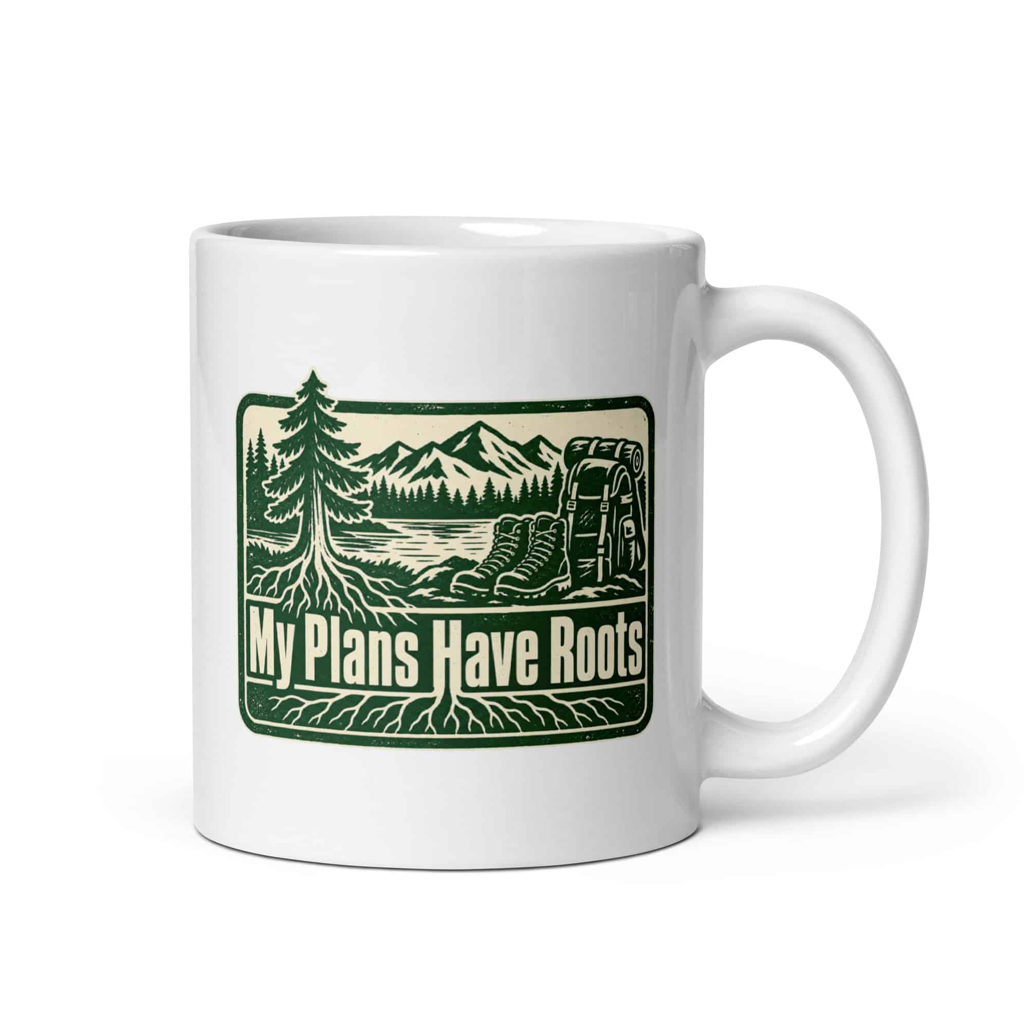 Nature and Adventure White Ceramic Coffee Mug: My Plans Have Roots, Forest Ink Stamp