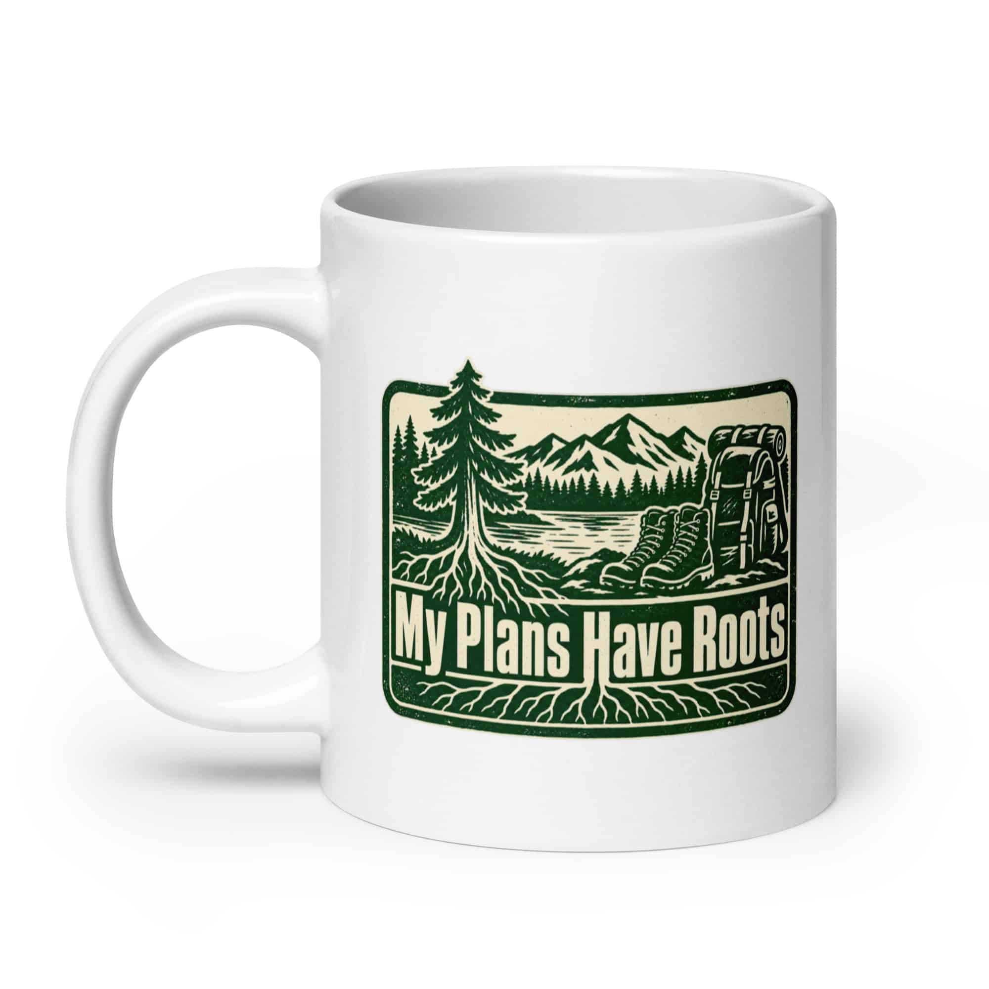 Nature and Adventure White Ceramic Coffee Mug: My Plans Have Roots, Forest Ink Stamp