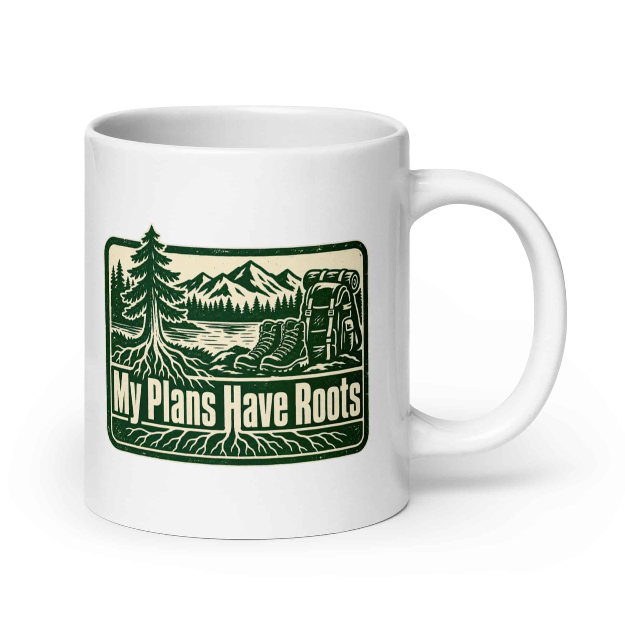 Nature and Adventure White Ceramic Coffee Mug: My Plans Have Roots, Forest Ink Stamp