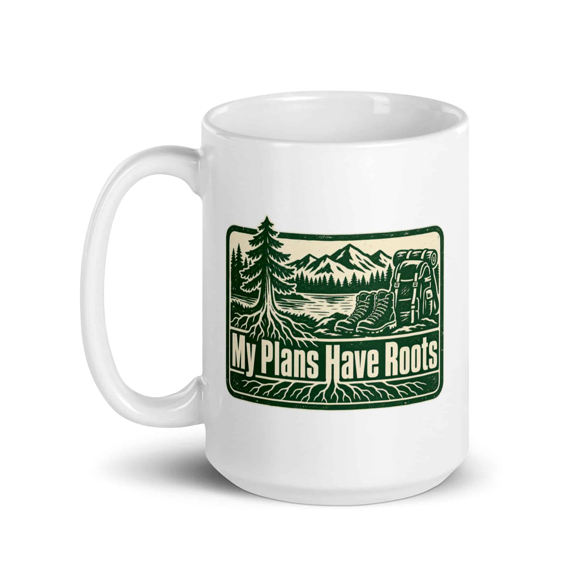 Nature and Adventure White Ceramic Coffee Mug: My Plans Have Roots, Forest Ink Stamp