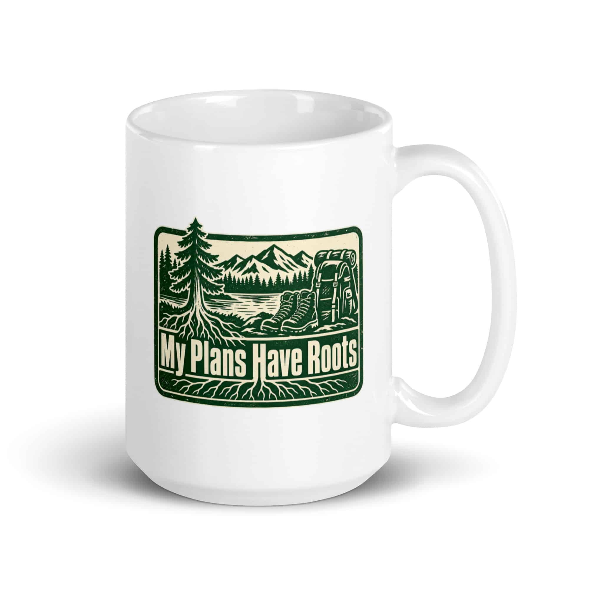 Nature and Adventure White Ceramic Coffee Mug: My Plans Have Roots, Forest Ink Stamp